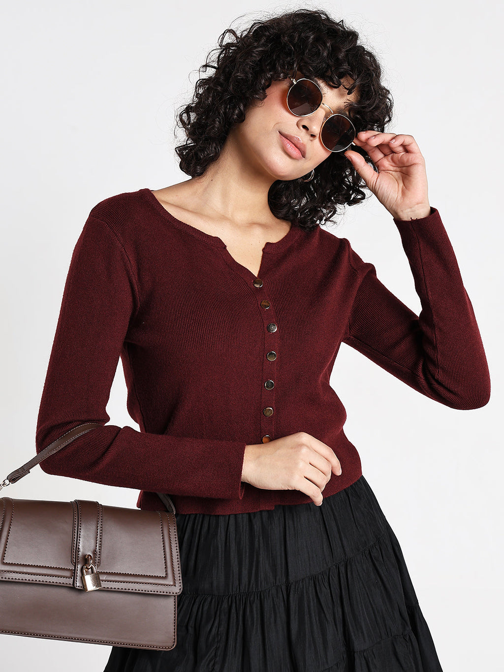 Women's Maroon Textured Knit Top