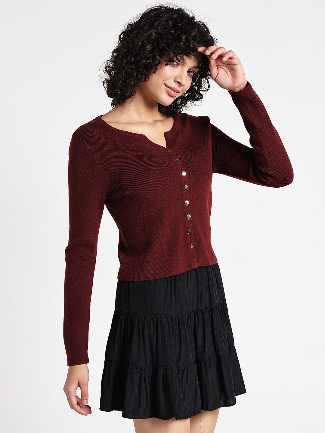Women's Maroon Textured Knit Top
