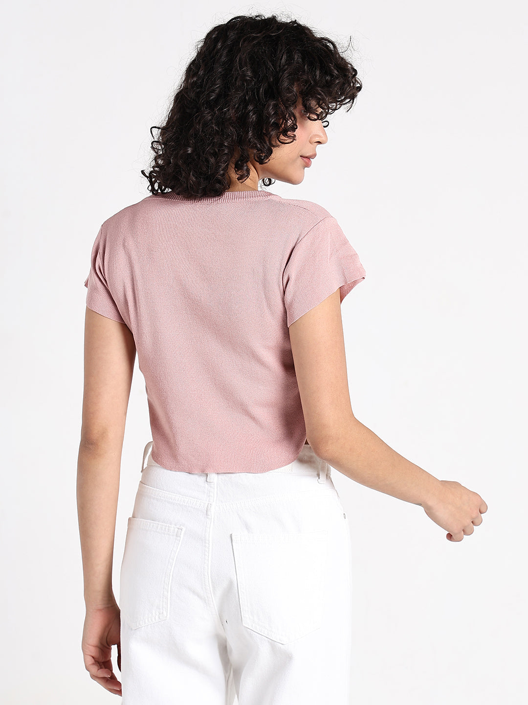 Women's Peach Fitted Crop Top with Side Ruched Detail