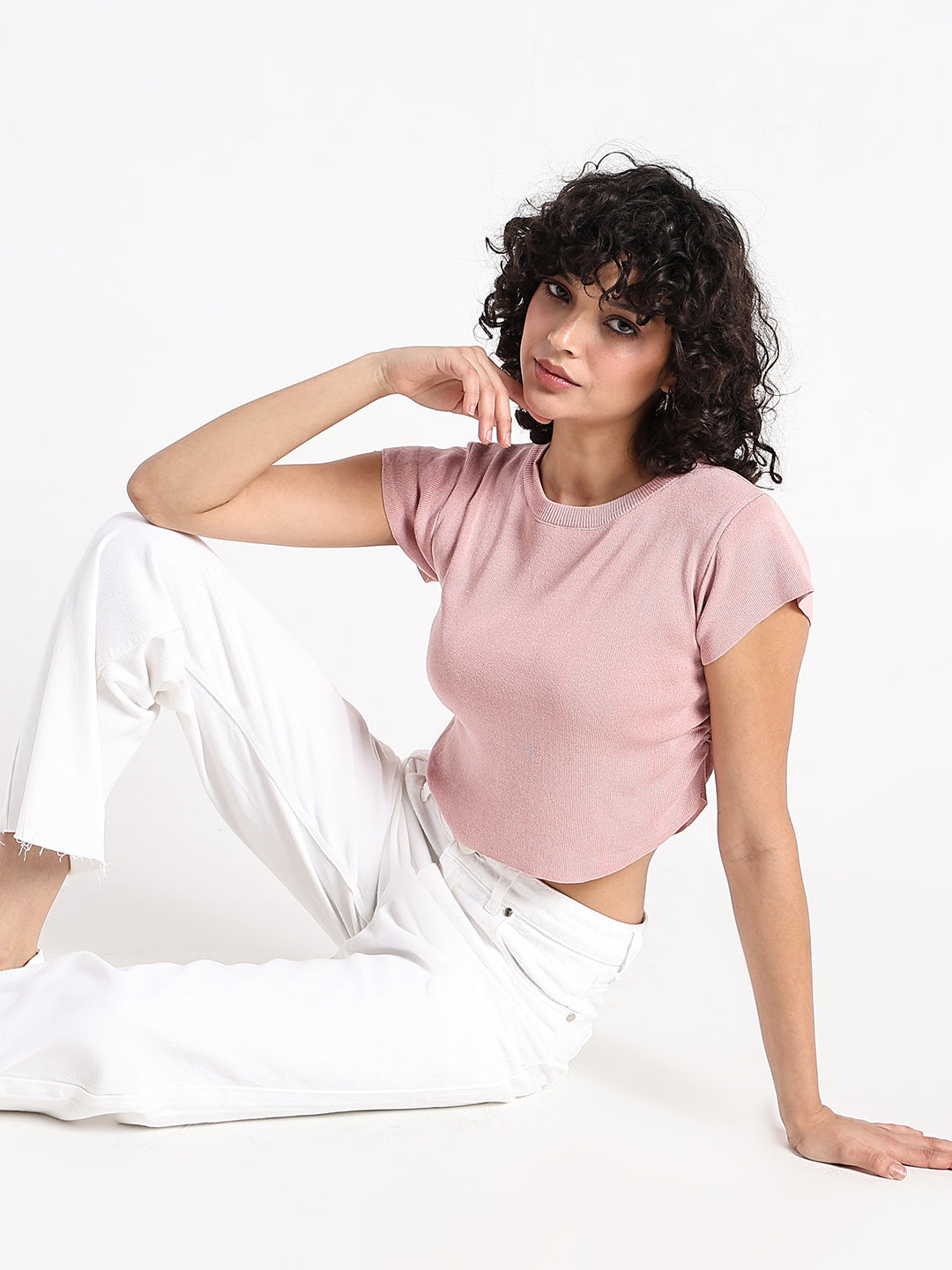 Women's Peach Fitted Crop Top with Side Ruched Detail