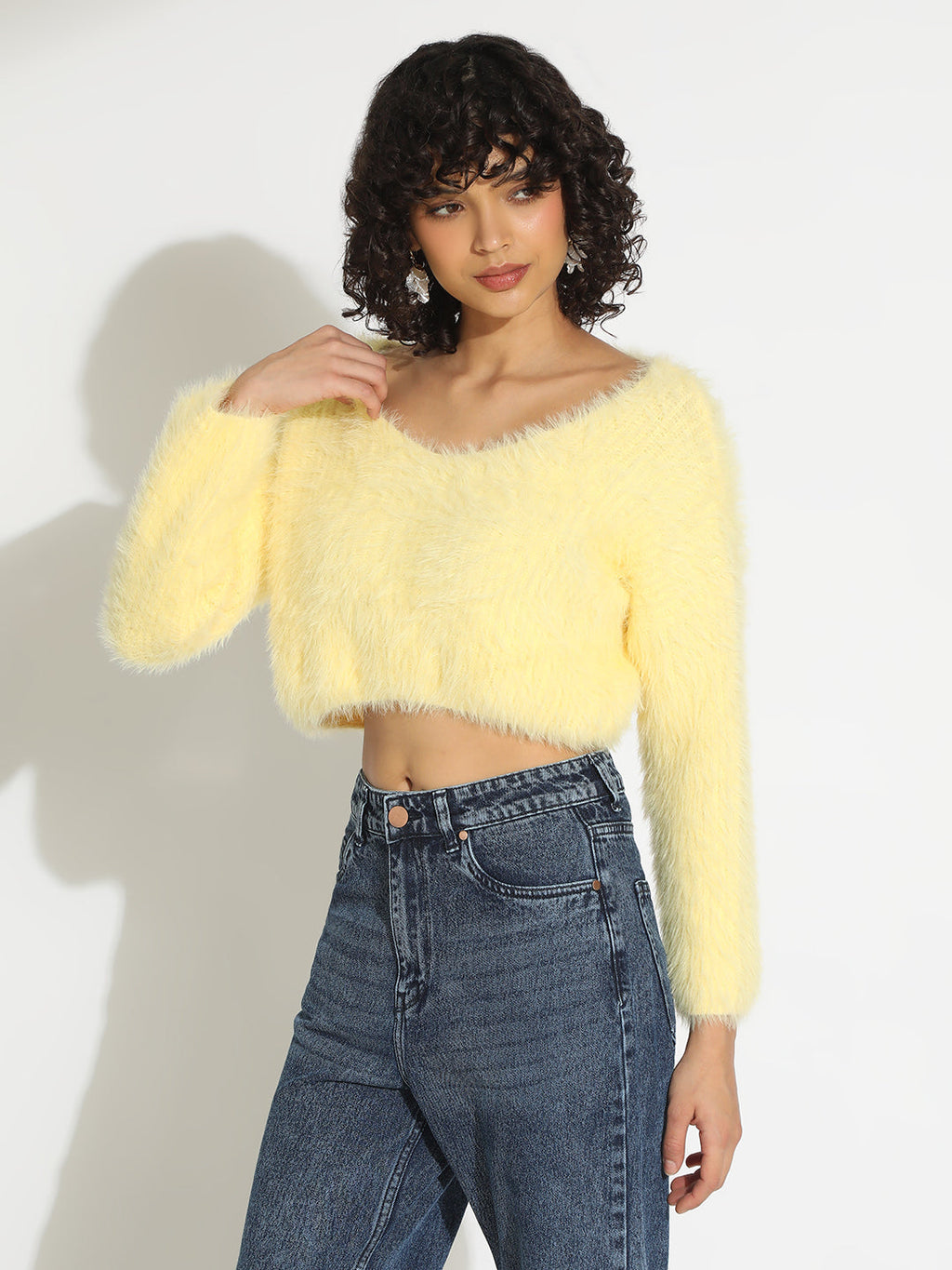 Women's Yellow Fuzzy Knit Crop Top