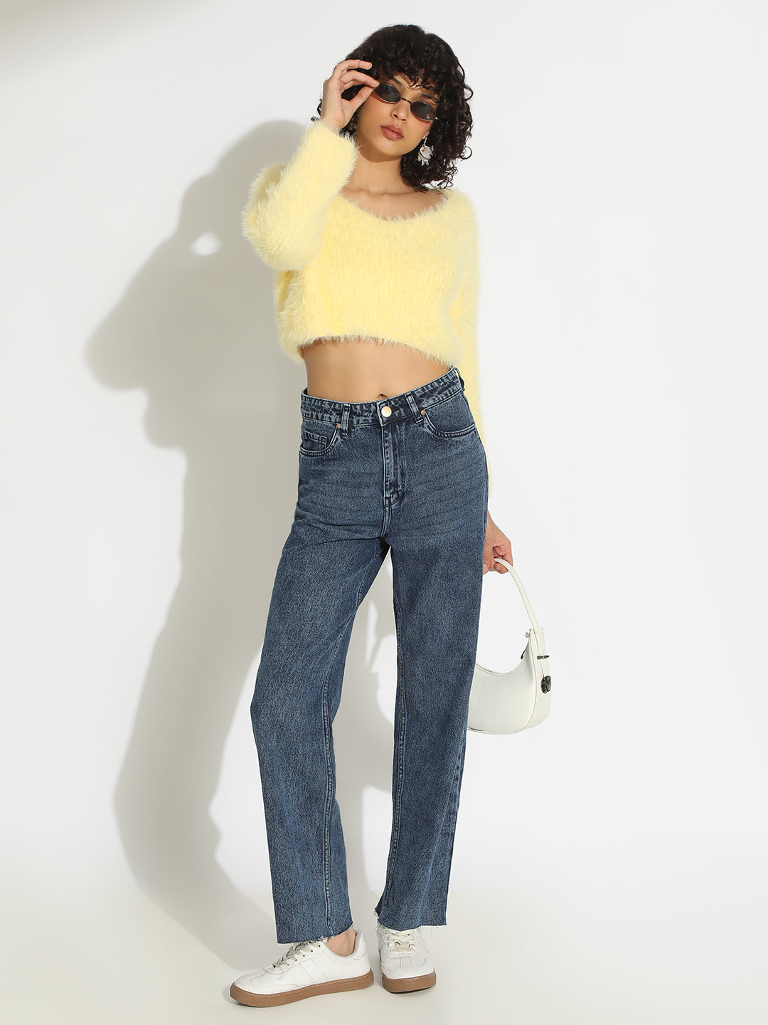 Women's Yellow Fuzzy Knit Crop Top