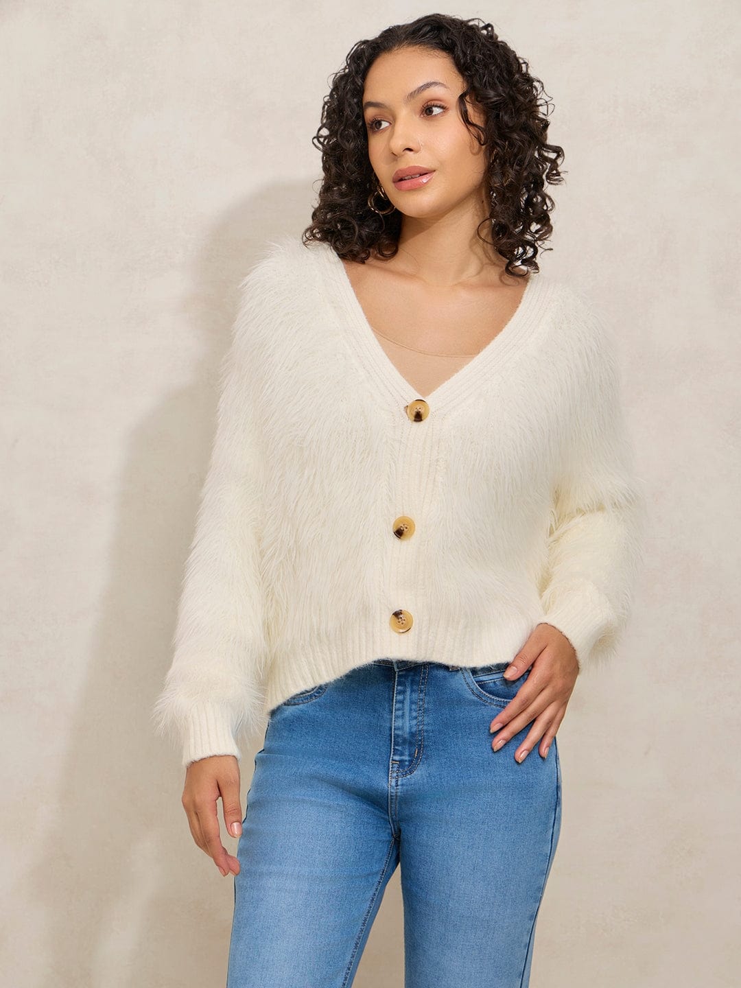 Women's Off White Fuzzy Top with Buttons