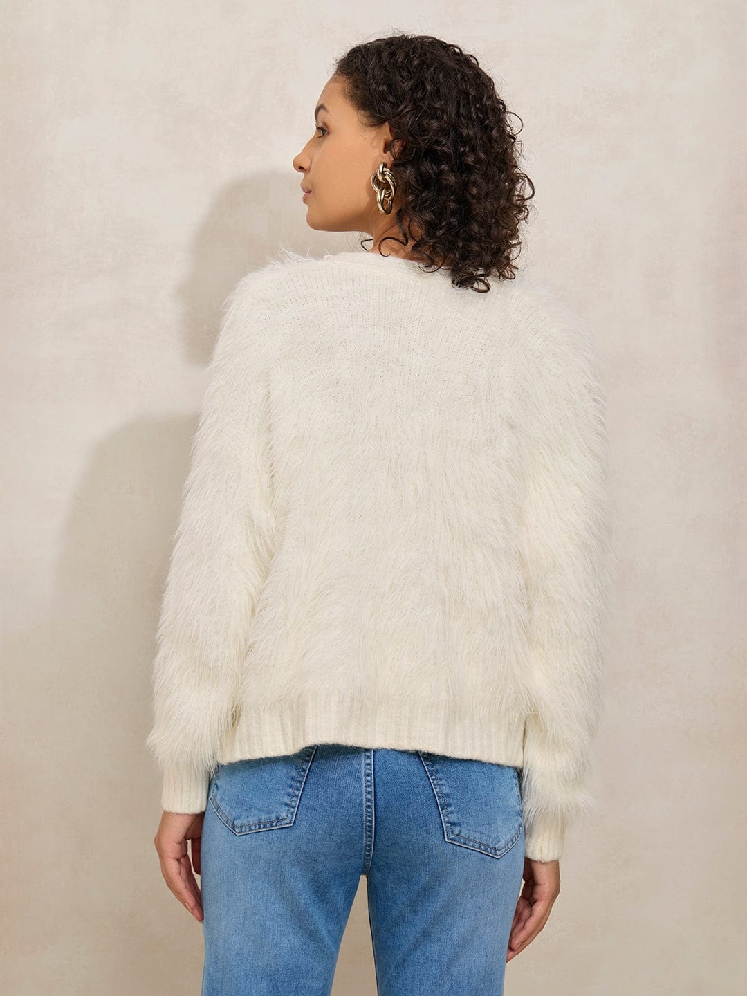 Women's Off White Fuzzy Top with Buttons