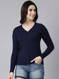 Women's Navy Blue Button-Down V-Neck Top