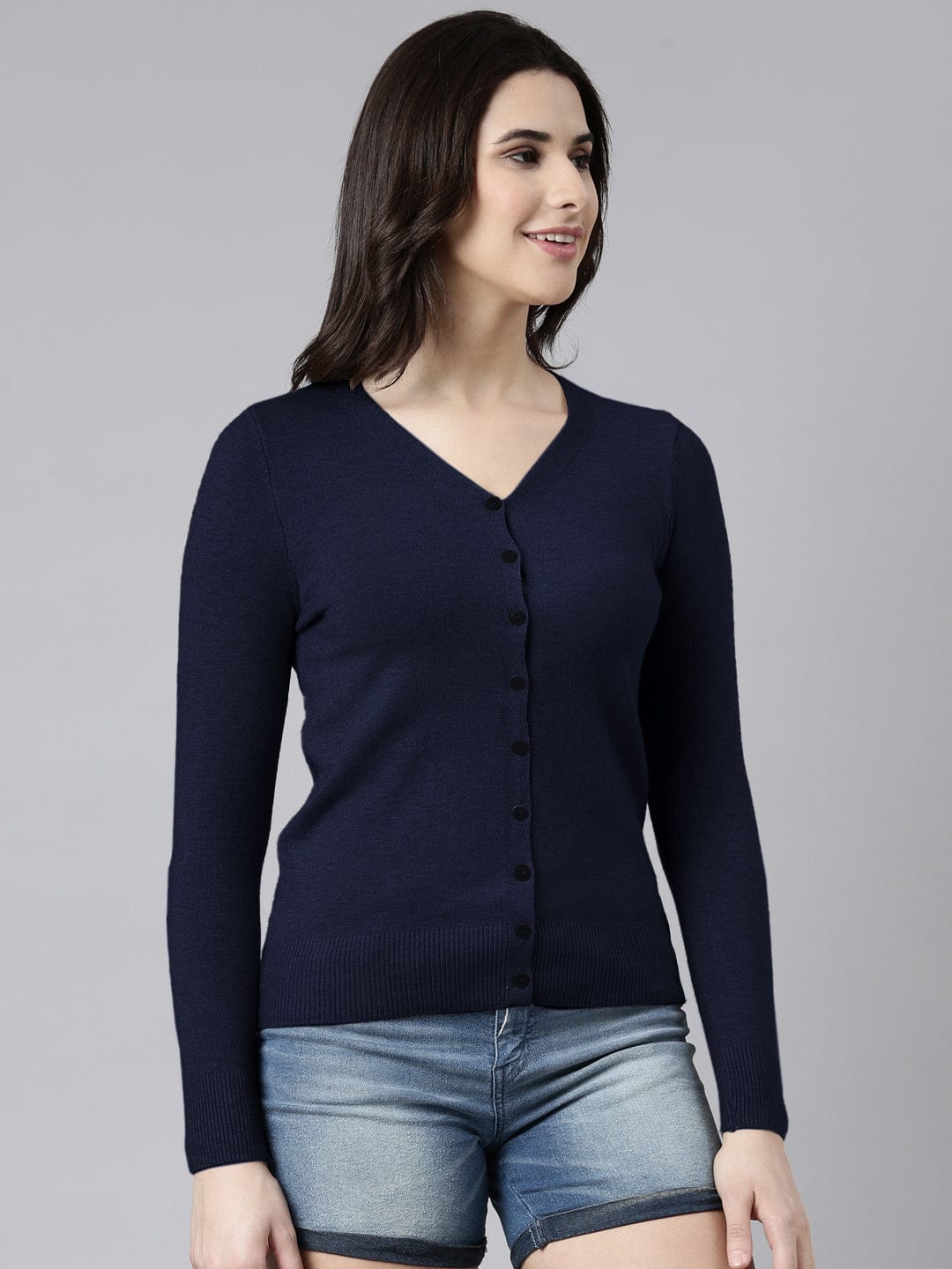 Women's Navy Blue Button-Down V-Neck Top