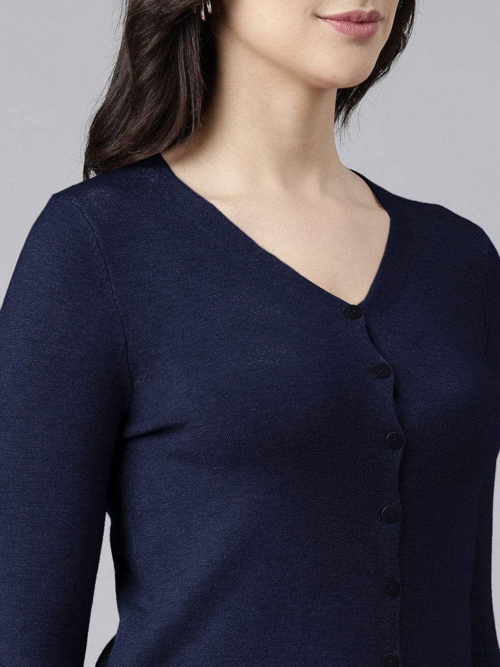 Women's Navy Blue Button-Down V-Neck Top