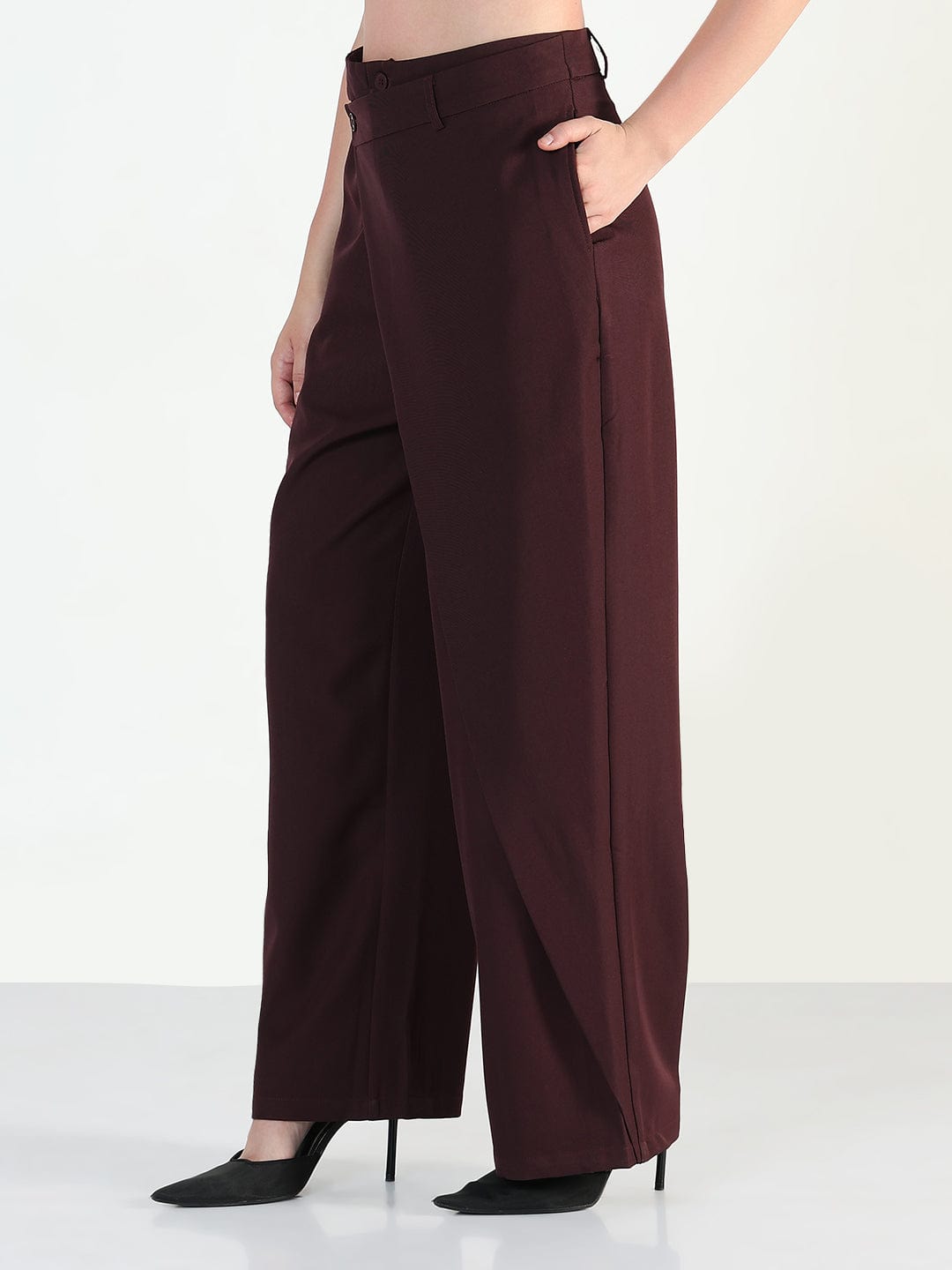 Women's Burgundy Wide Leg Trousers with Wrap around