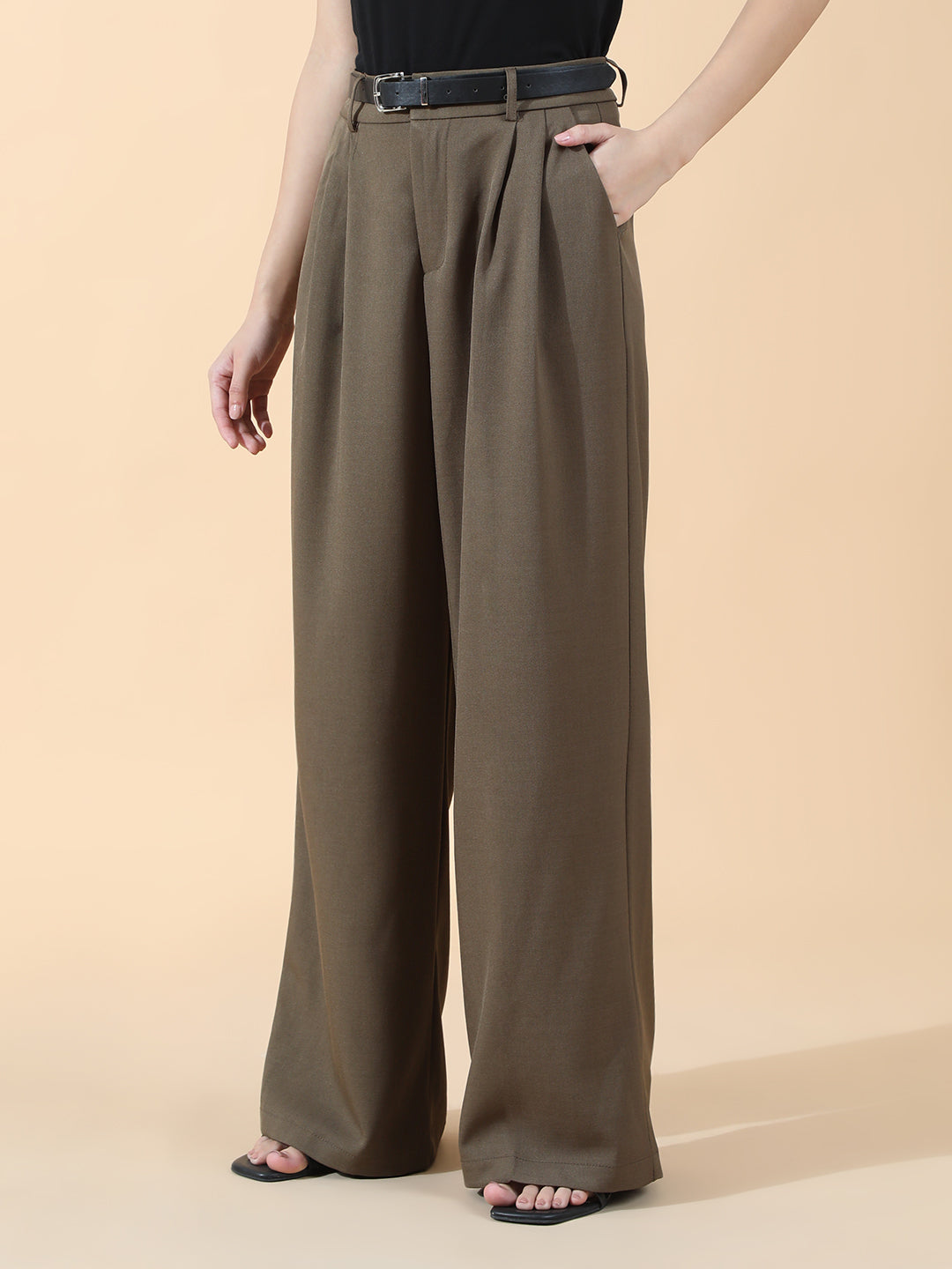 Women's Pleated Khaki High Waist Korean Pants with Belt