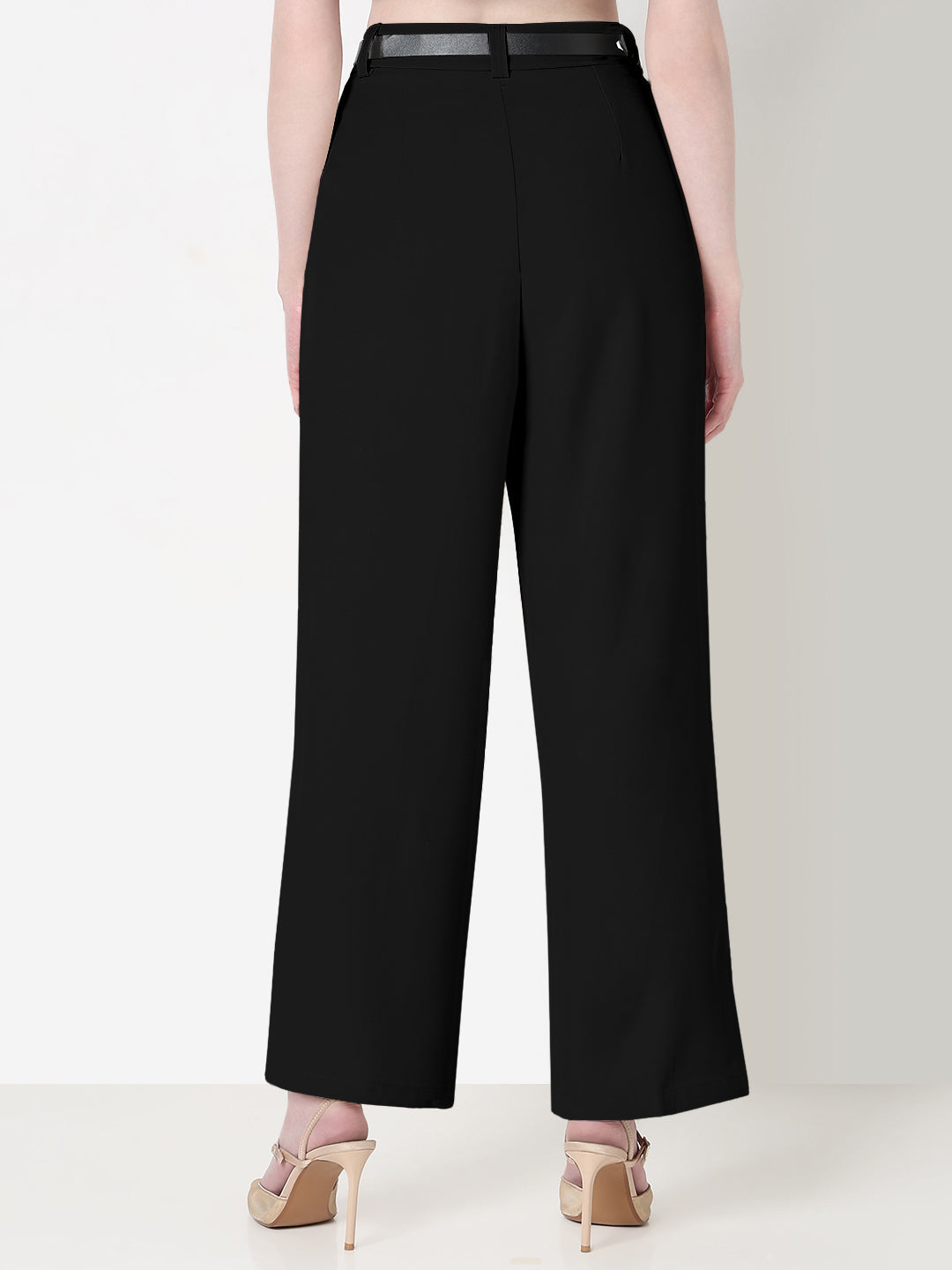 Women's Pleated Black High Waist Korean Pants with Belt