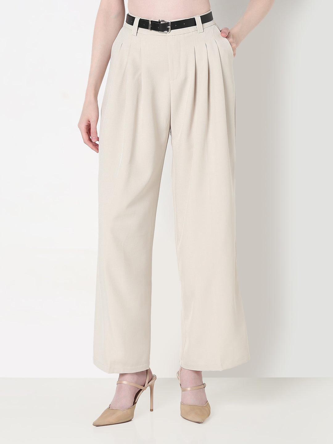 Women's Pleated Cream High Waist Korean Pants with Belt