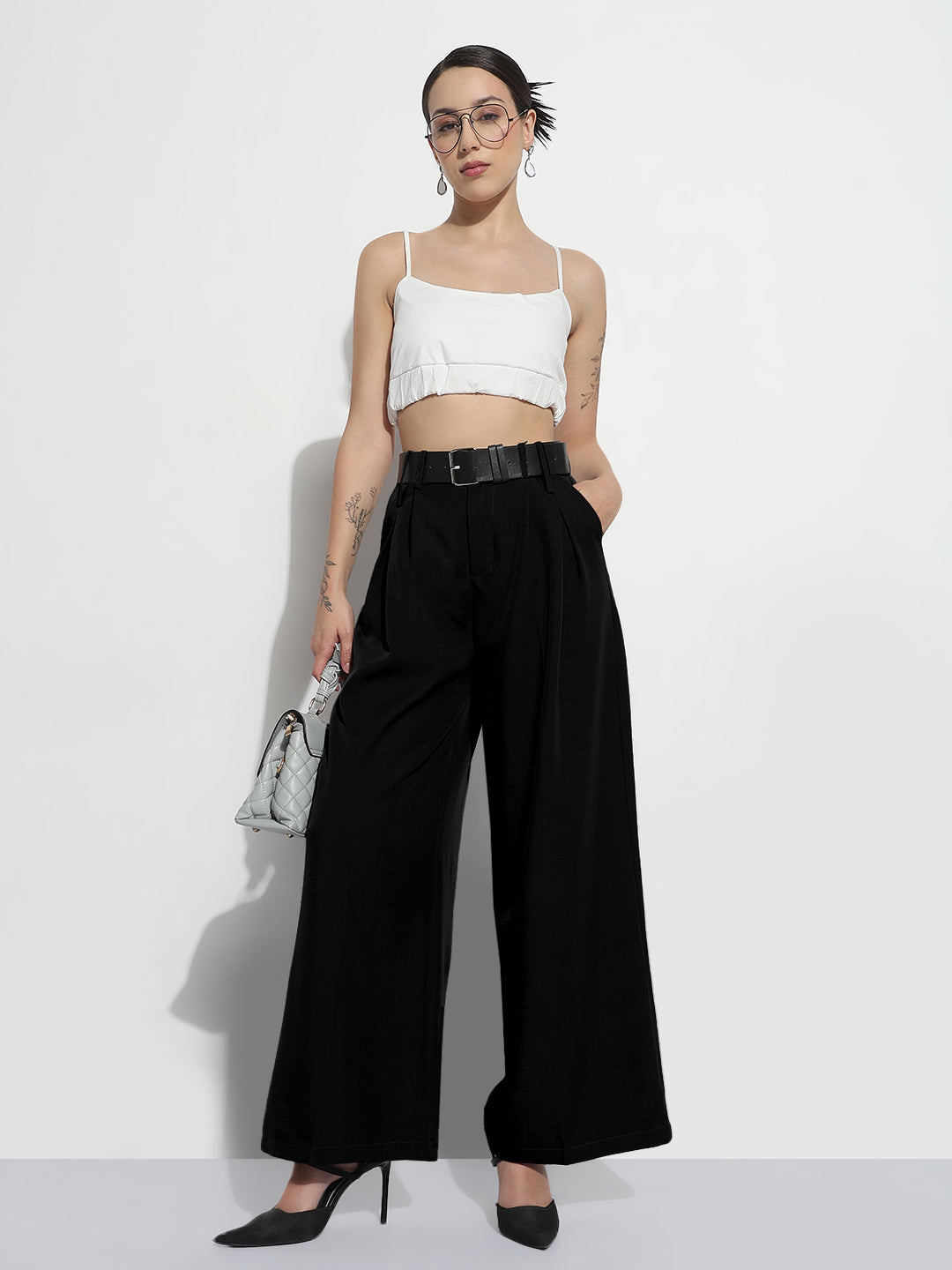 Women's Black Formal High Rise Wide Leg Korean Pants
