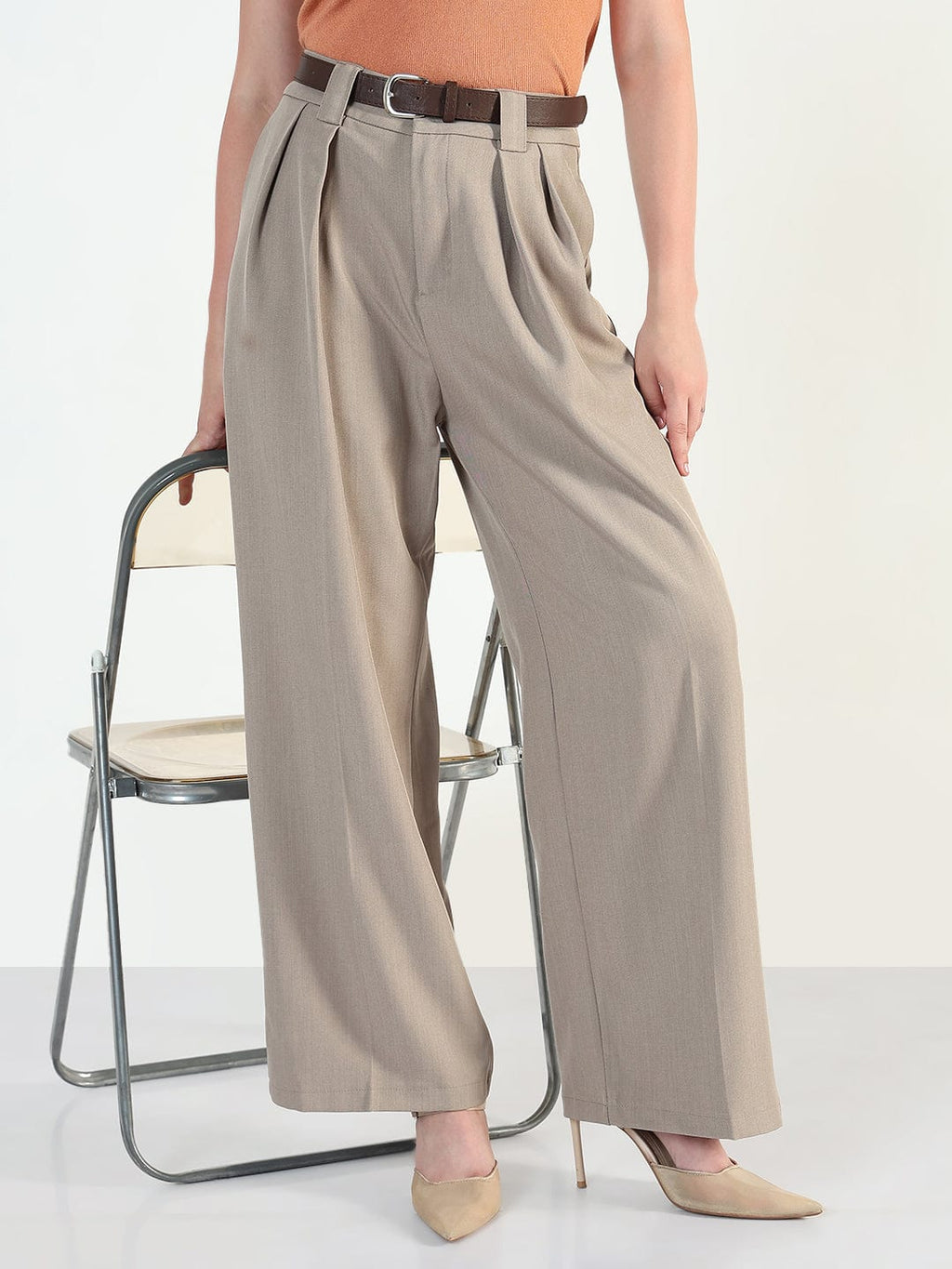 Women's Beige Loose Fit Trousers with Belt