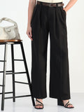 Women's Black Loose Fit Trousers with Belt