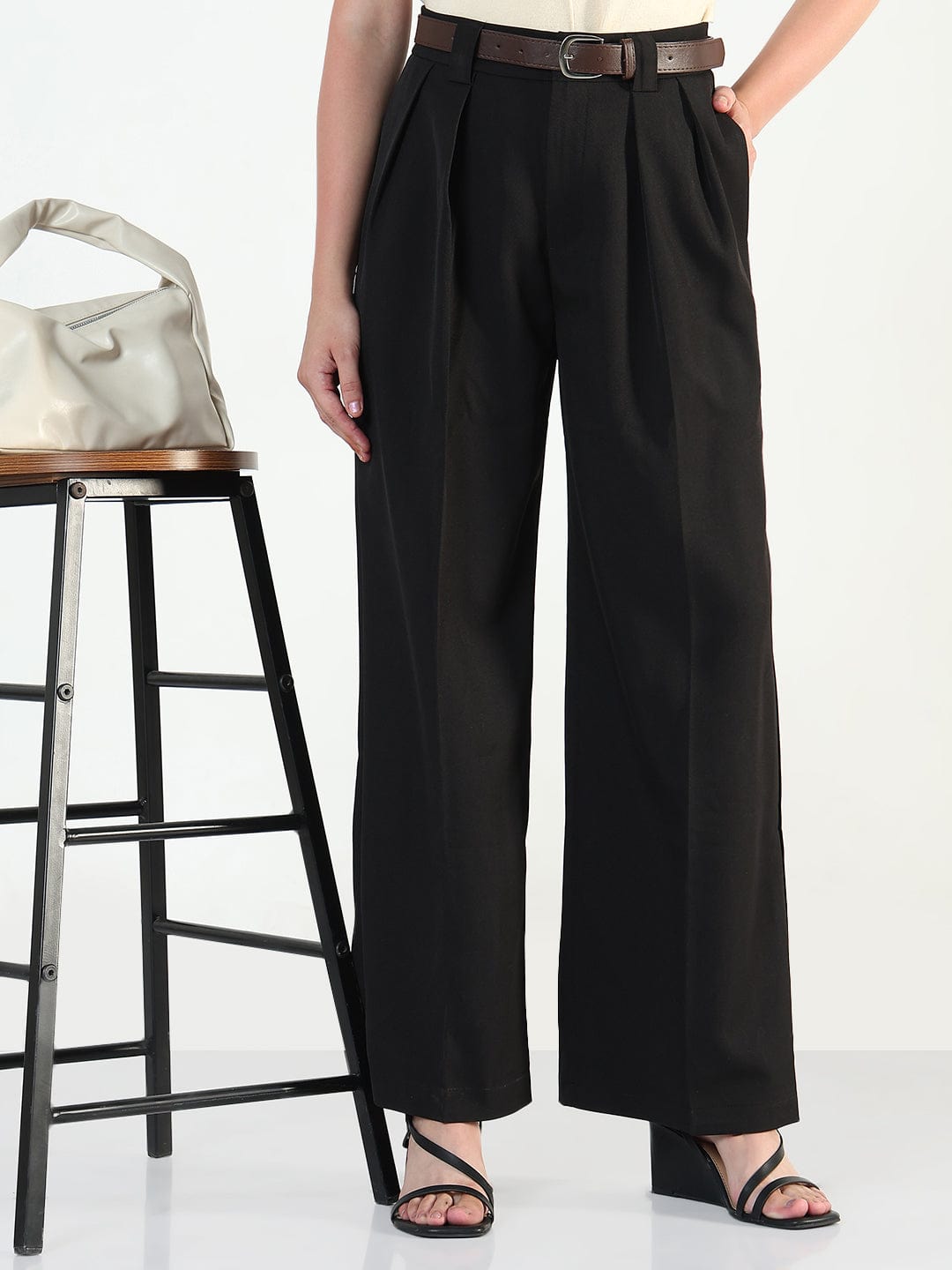 Women's Black Loose Fit Trousers with Belt