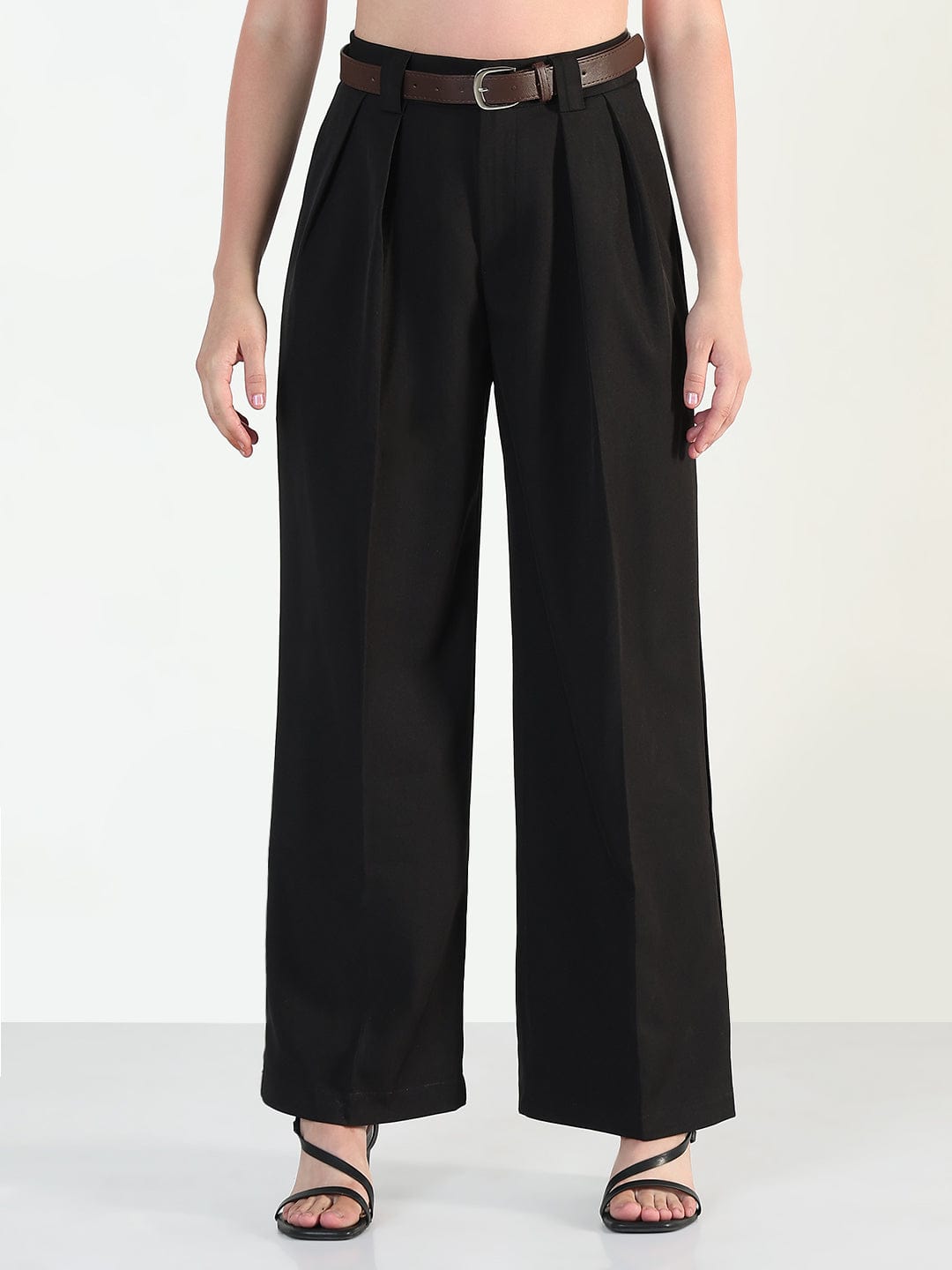 Women's Black Loose Fit Trousers with Belt