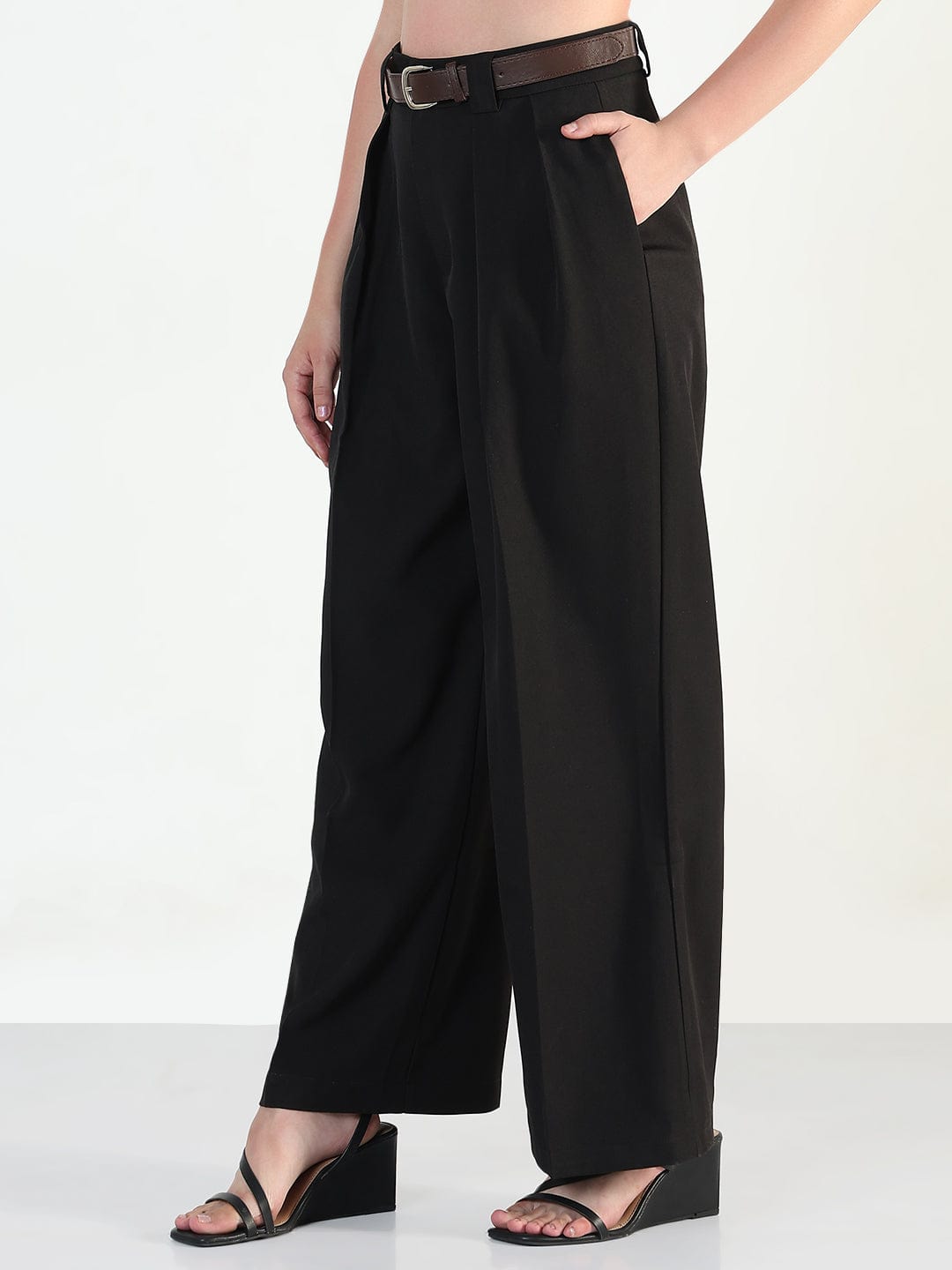 Women's Black Loose Fit Trousers with Belt