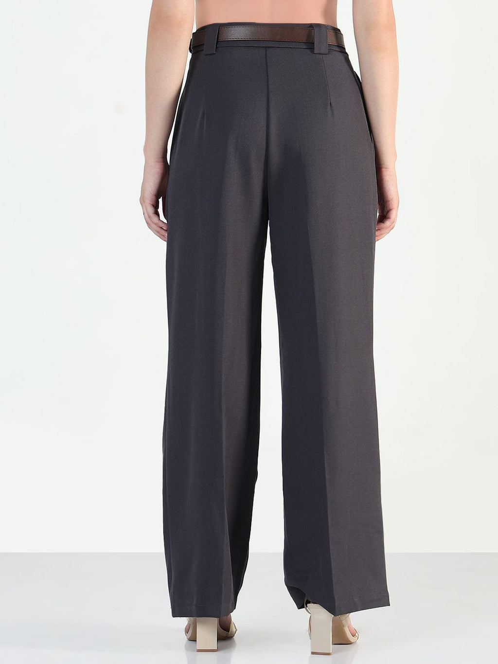 Women's Grey Loose Fit Trousers with Belt
