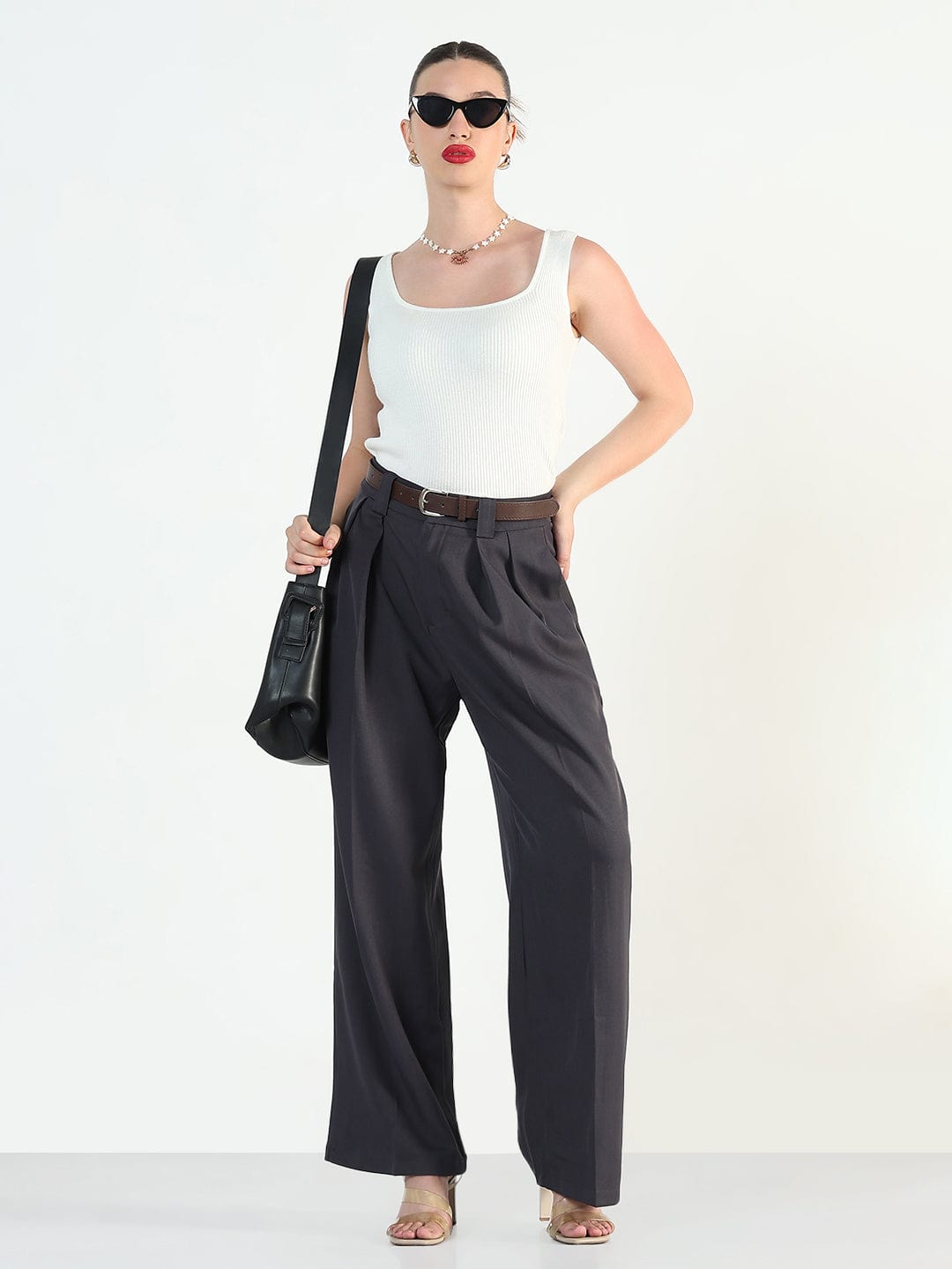 Women's Grey Loose Fit Trousers with Belt
