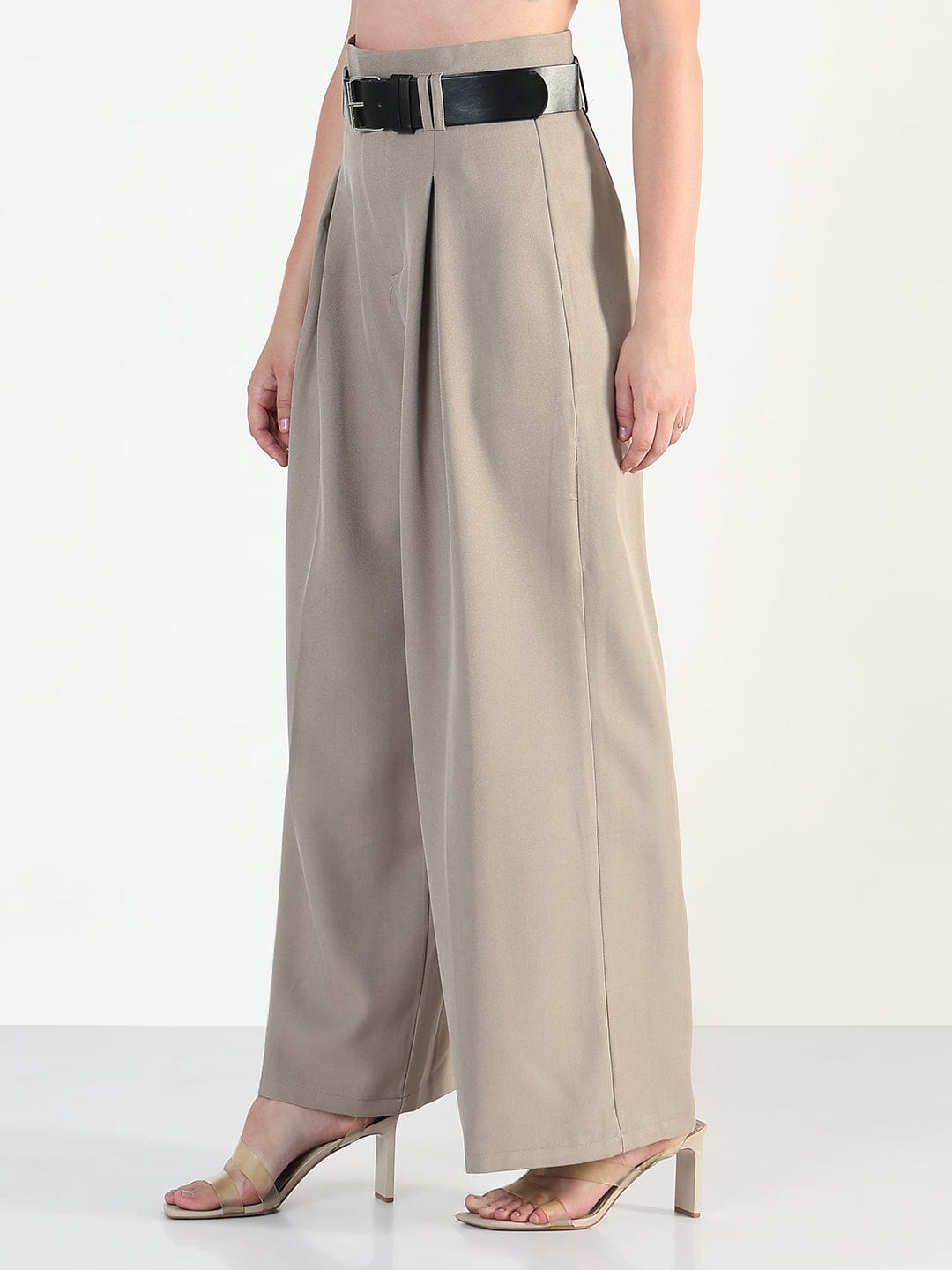 Women's Beige Loose Fit Trousers with Belt