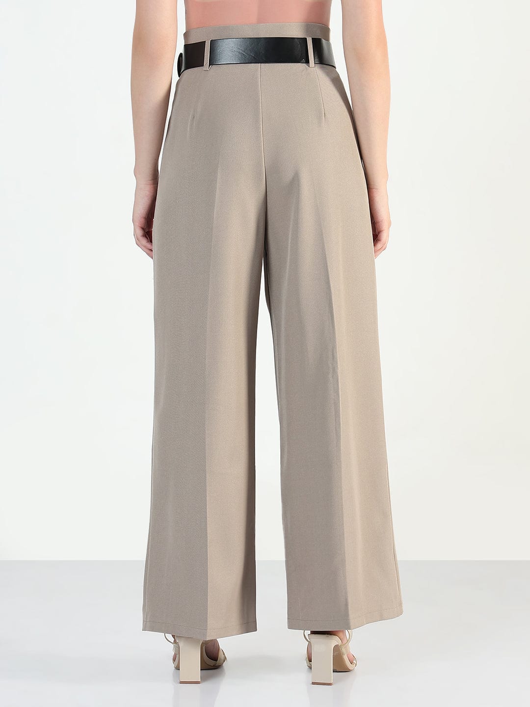 Women's Beige Loose Fit Trousers with Belt