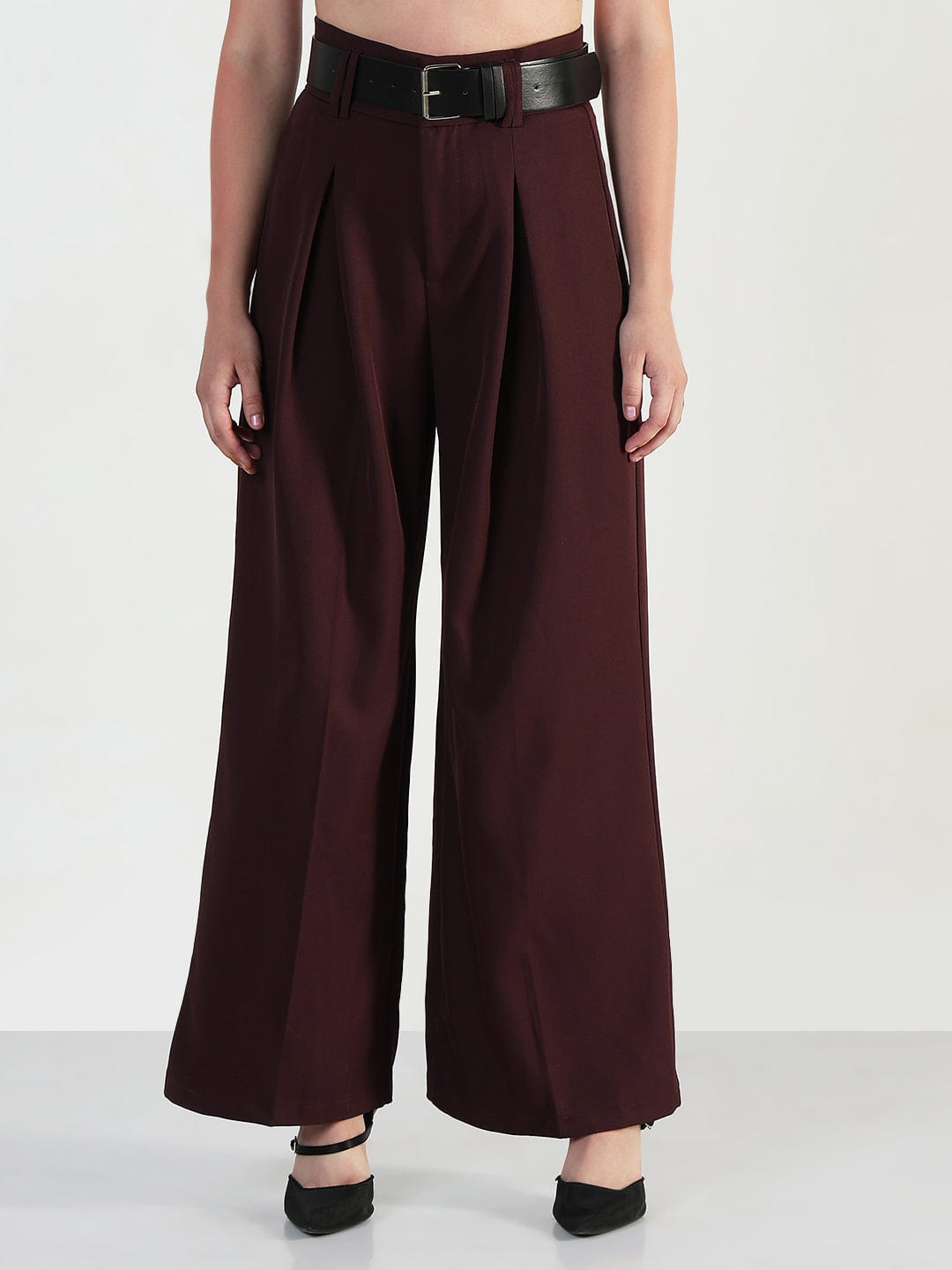 Women's Burgundy Loose Fit Trousers with Belt