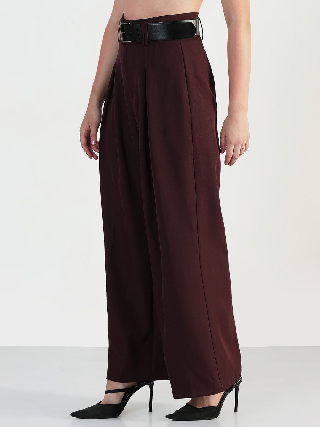 Women's Burgundy Loose Fit Trousers with Belt