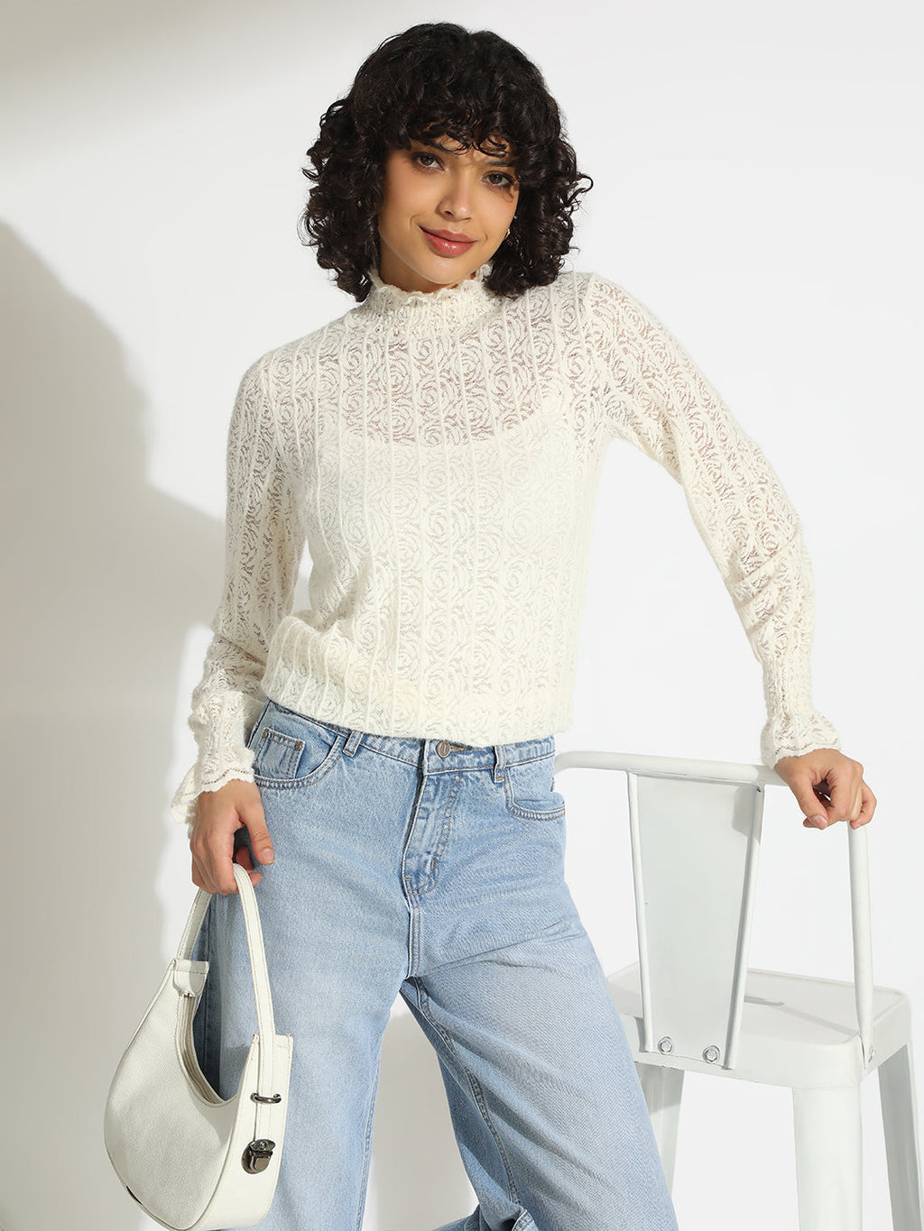 Women's Off White Floral Lace Ruffled High Neck Top