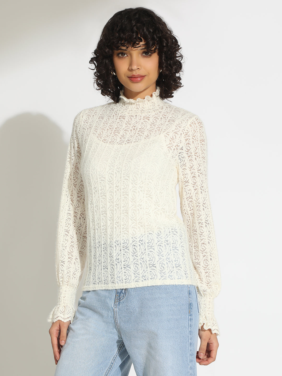 Women's Off White Floral Lace Ruffled High Neck Top