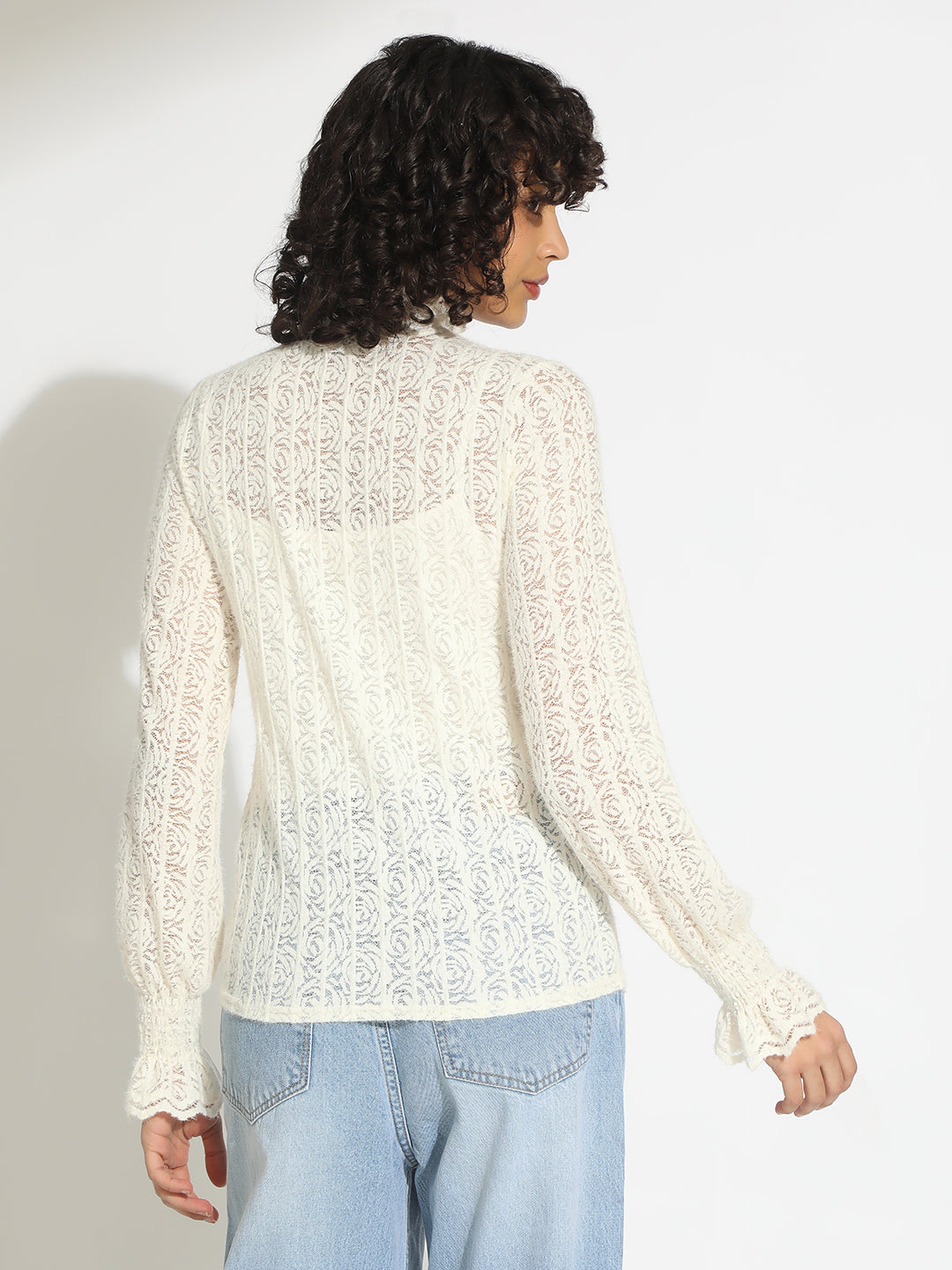Women's Off White Floral Lace Ruffled High Neck Top