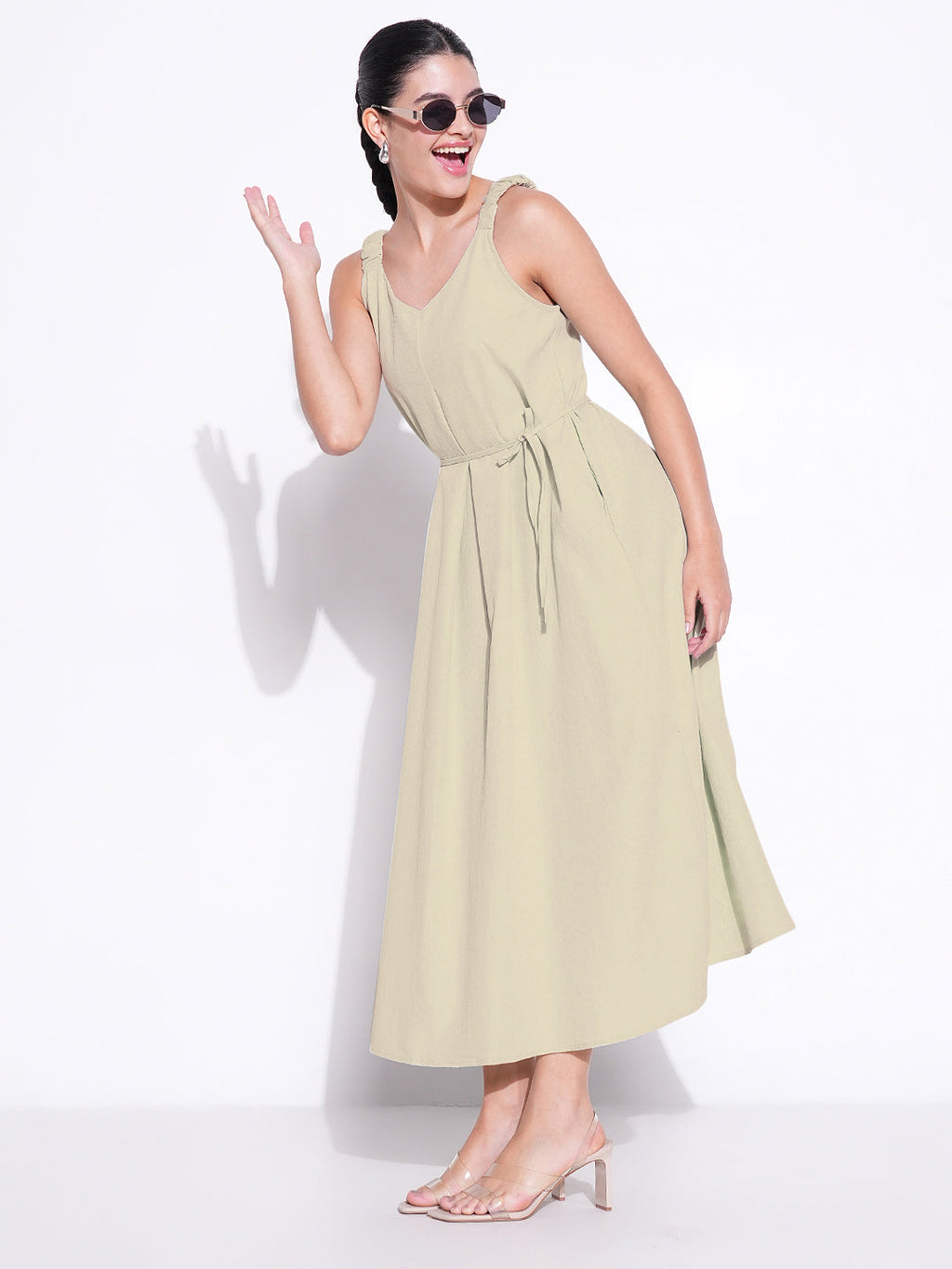 Women's Beige Solid Fit and Flare Dress
