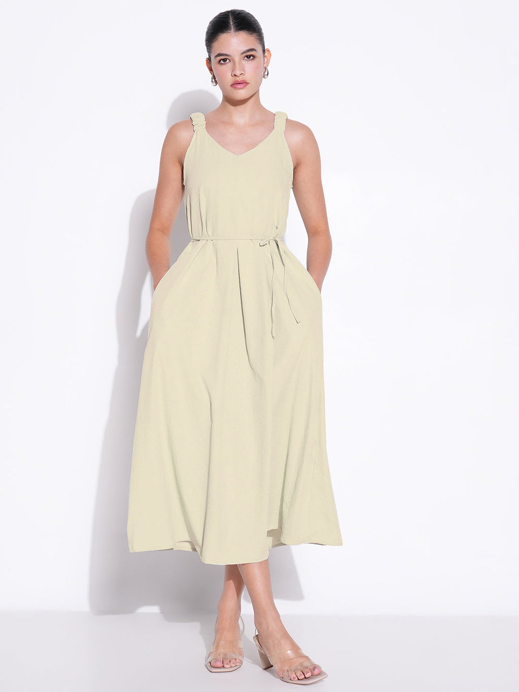 Women's Beige Solid Fit and Flare Dress