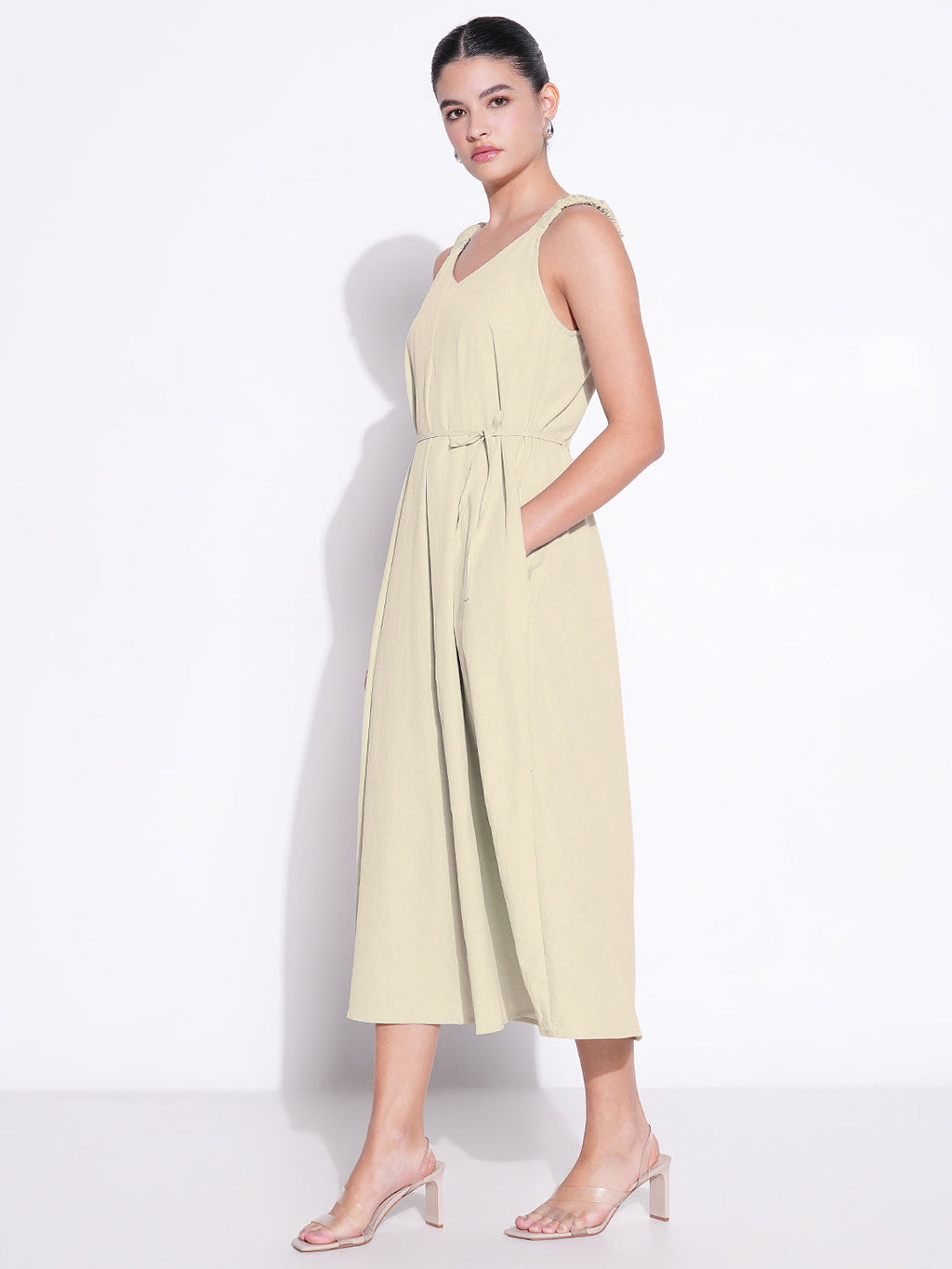 Women's Beige Solid Fit and Flare Dress