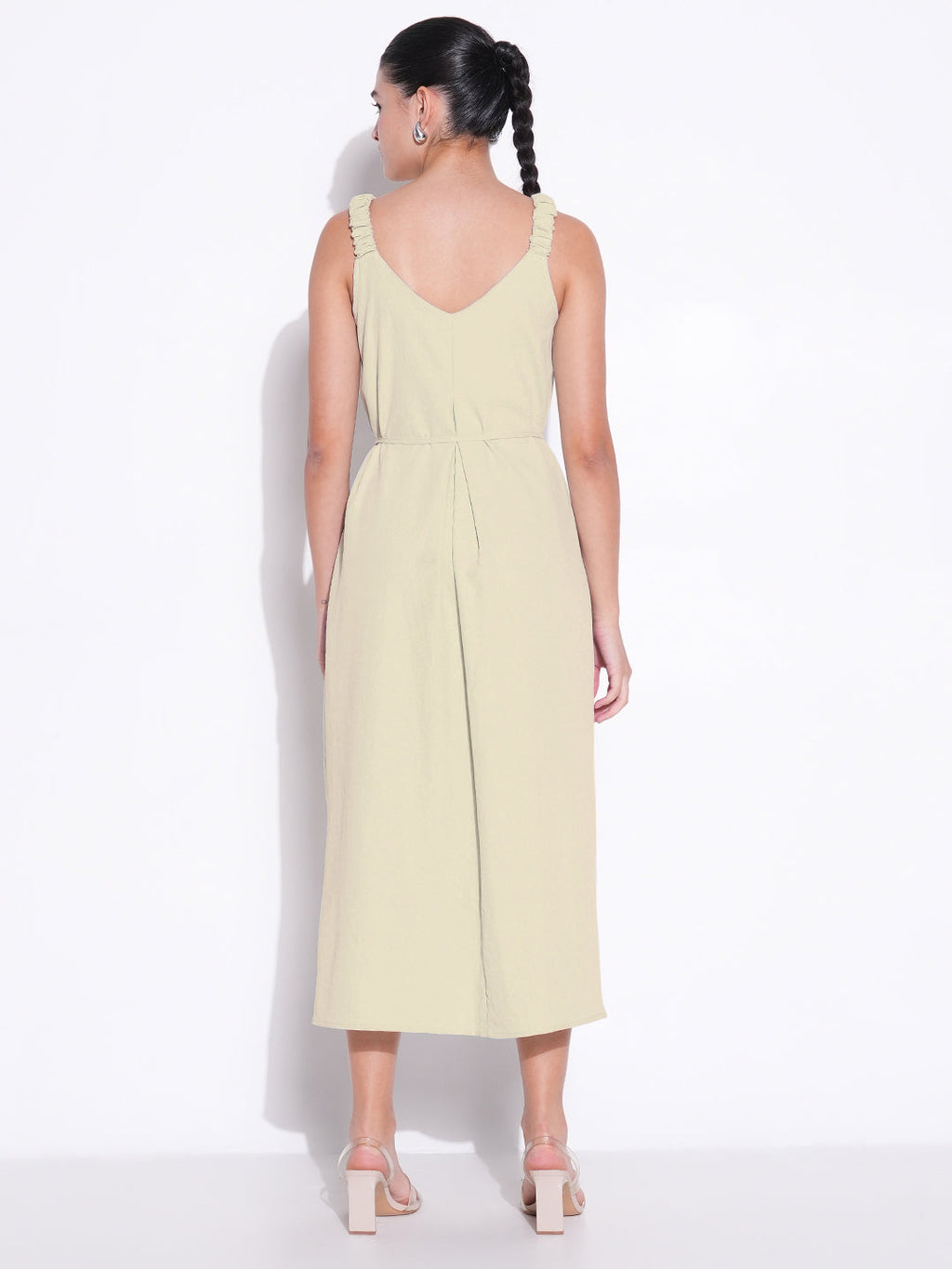 Women's Beige Solid Fit and Flare Dress
