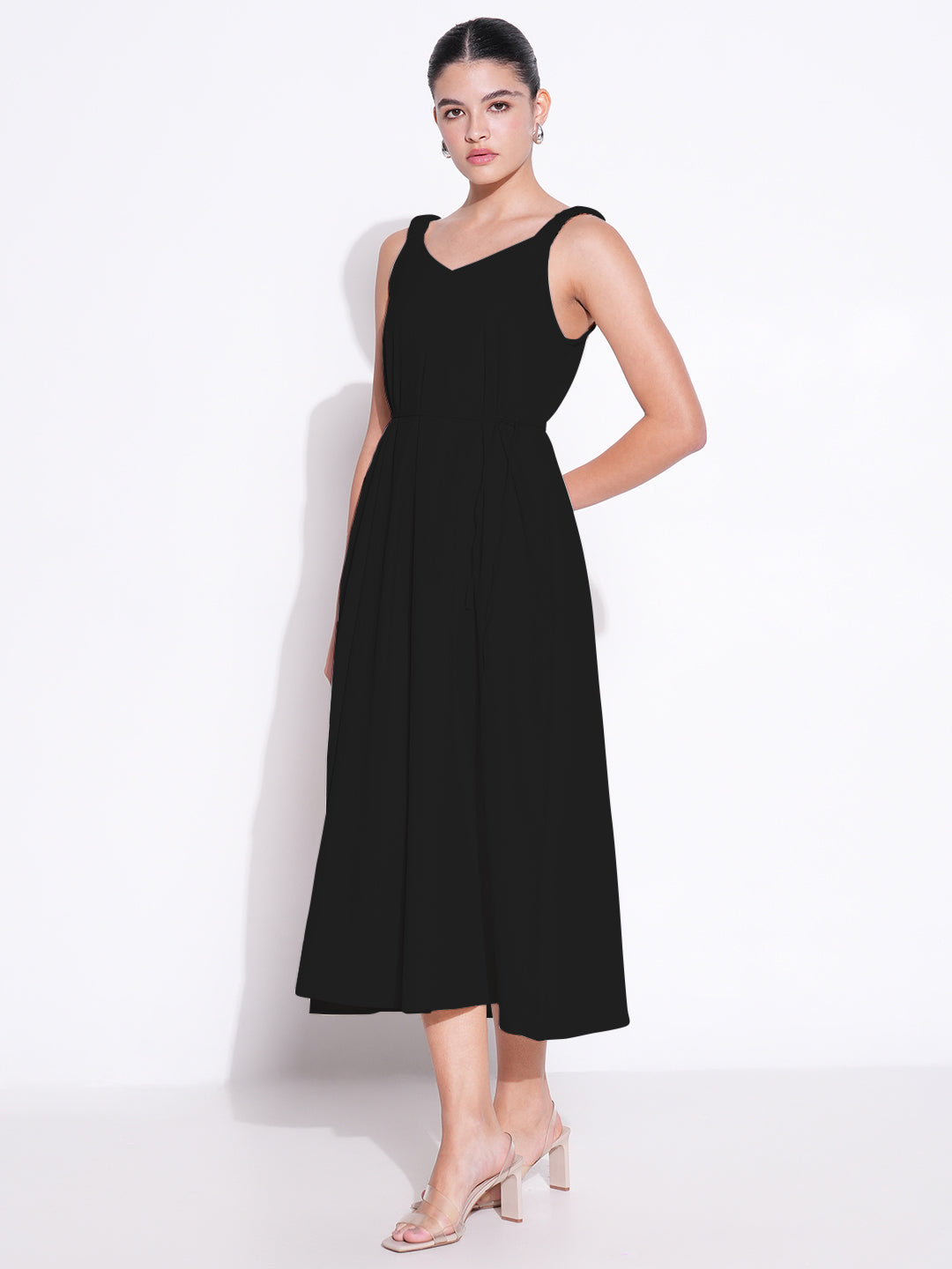 Women's Black Solid Fit and Flare Dress