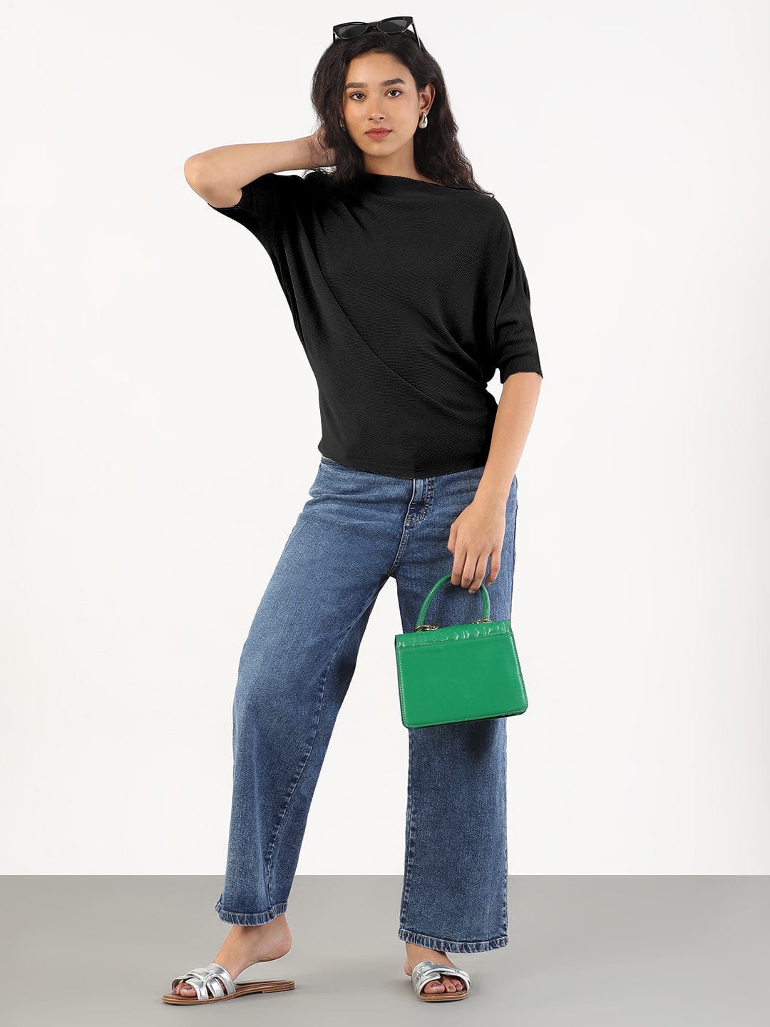 Women's Black Boat Neck Top