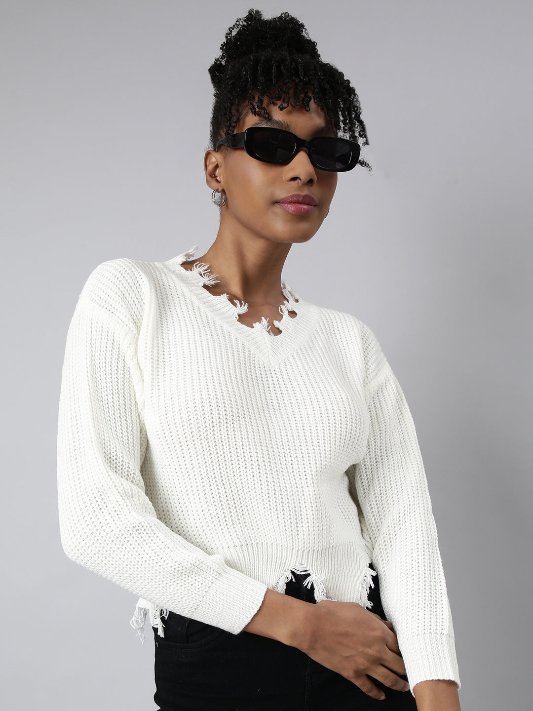Women's Off White Vertical Stripes Striped Cuffed Sleeves Fringed Top
