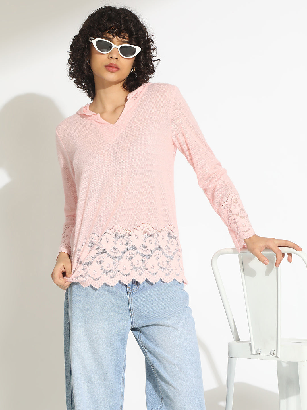 Women's Pink V-Neck Lace Trim Long Sleeve Hooded Top