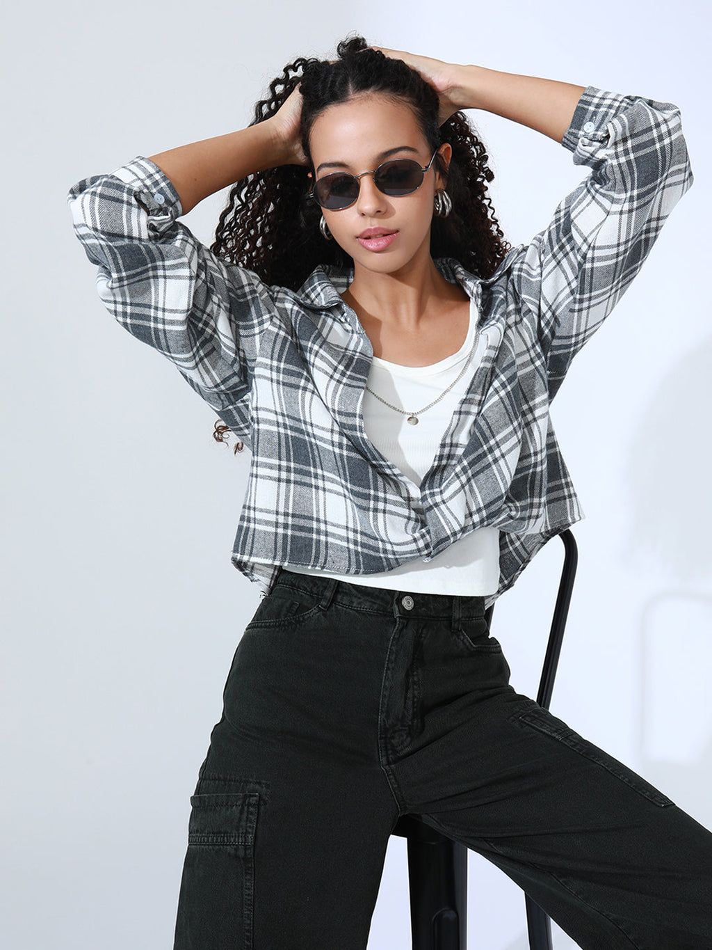 Women's Checked Grey Shirt Style Top with Inner Tank Top & Chain