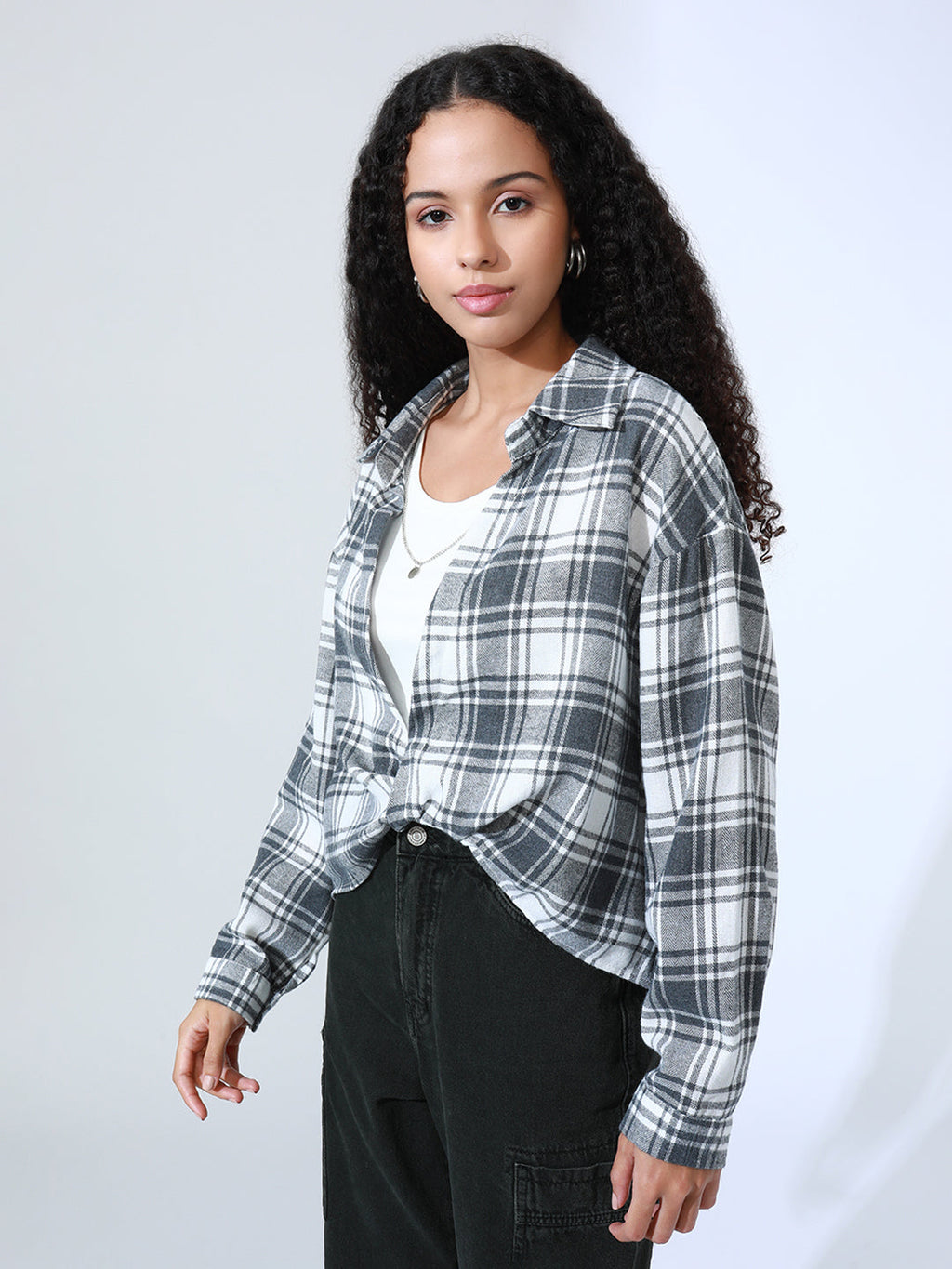 Women's Checked Grey Shirt Style Top with Inner Tank Top & Chain