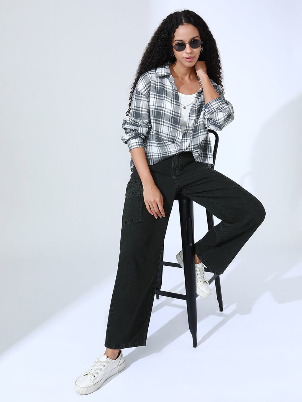 Women's Checked Grey Shirt Style Top with Inner Tank Top & Chain