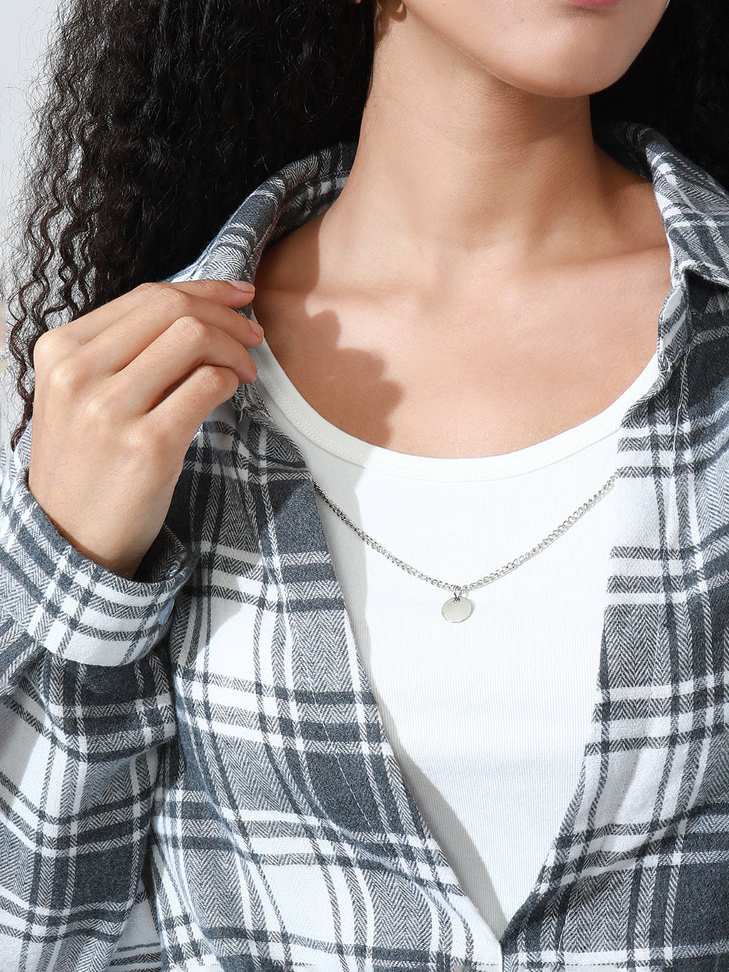 Women's Checked Grey Shirt Style Top with Inner Tank Top & Chain