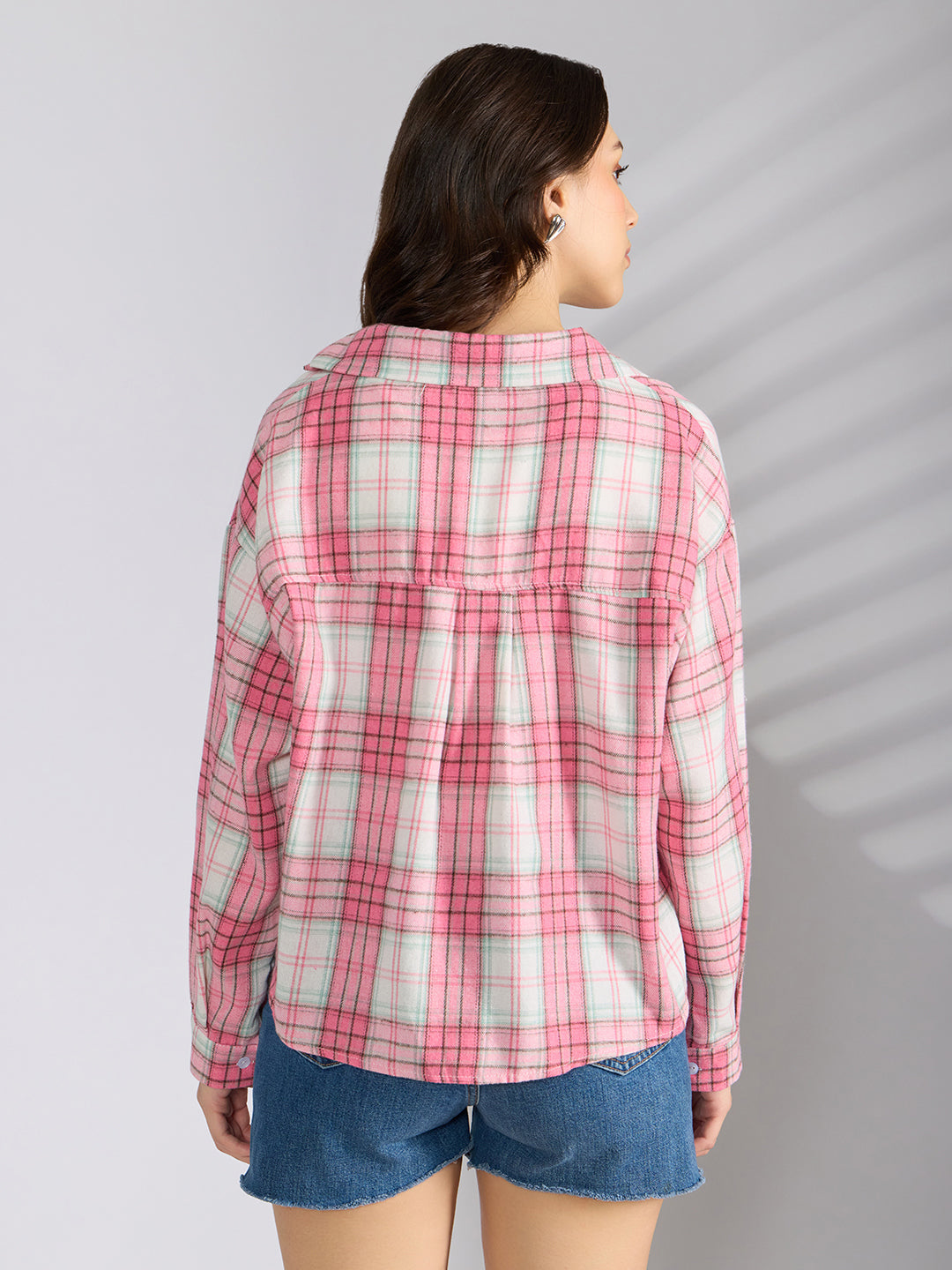 Women's Checked Pink Shirt Style Top with Chain