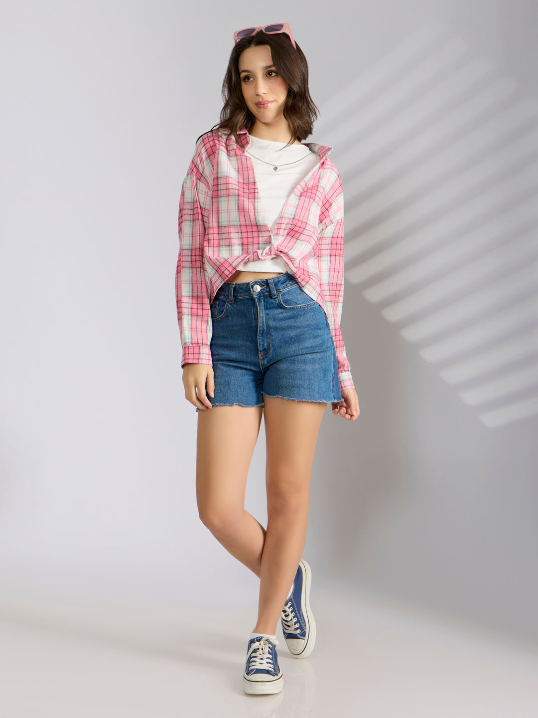 Women's Checked Pink Shirt Style Top with Chain