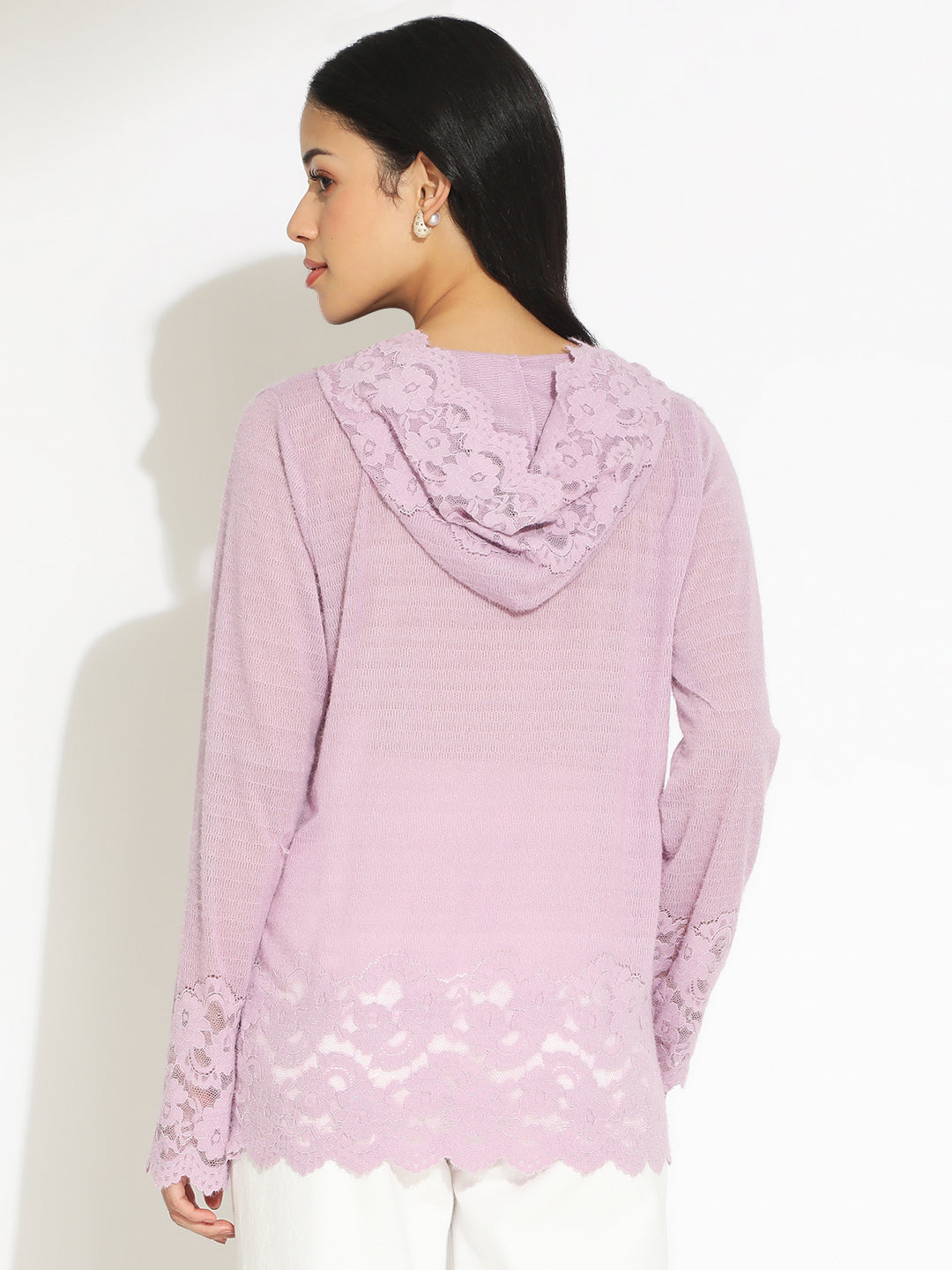 Women's Purple V-Neck Lace Trim Long Sleeve Hooded Top