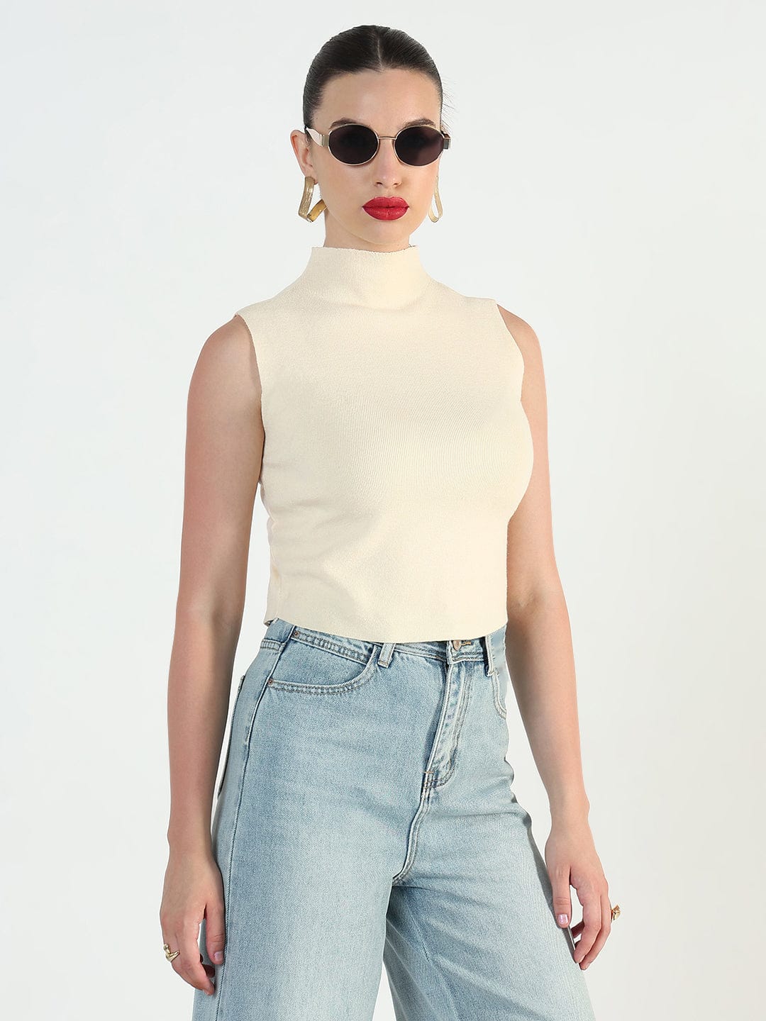 Women's Ribbed Cream High Neck Fitted Top