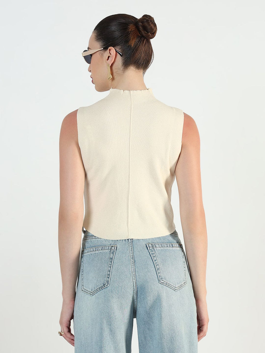 Women's Ribbed Cream High Neck Fitted Top