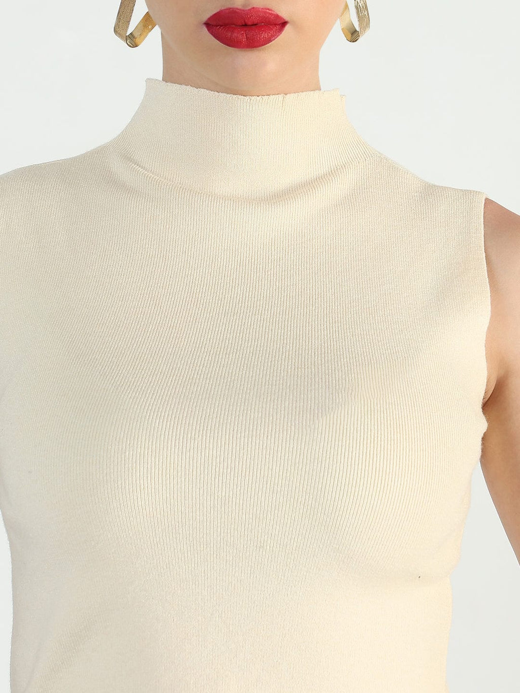 Women's Ribbed Cream High Neck Fitted Top