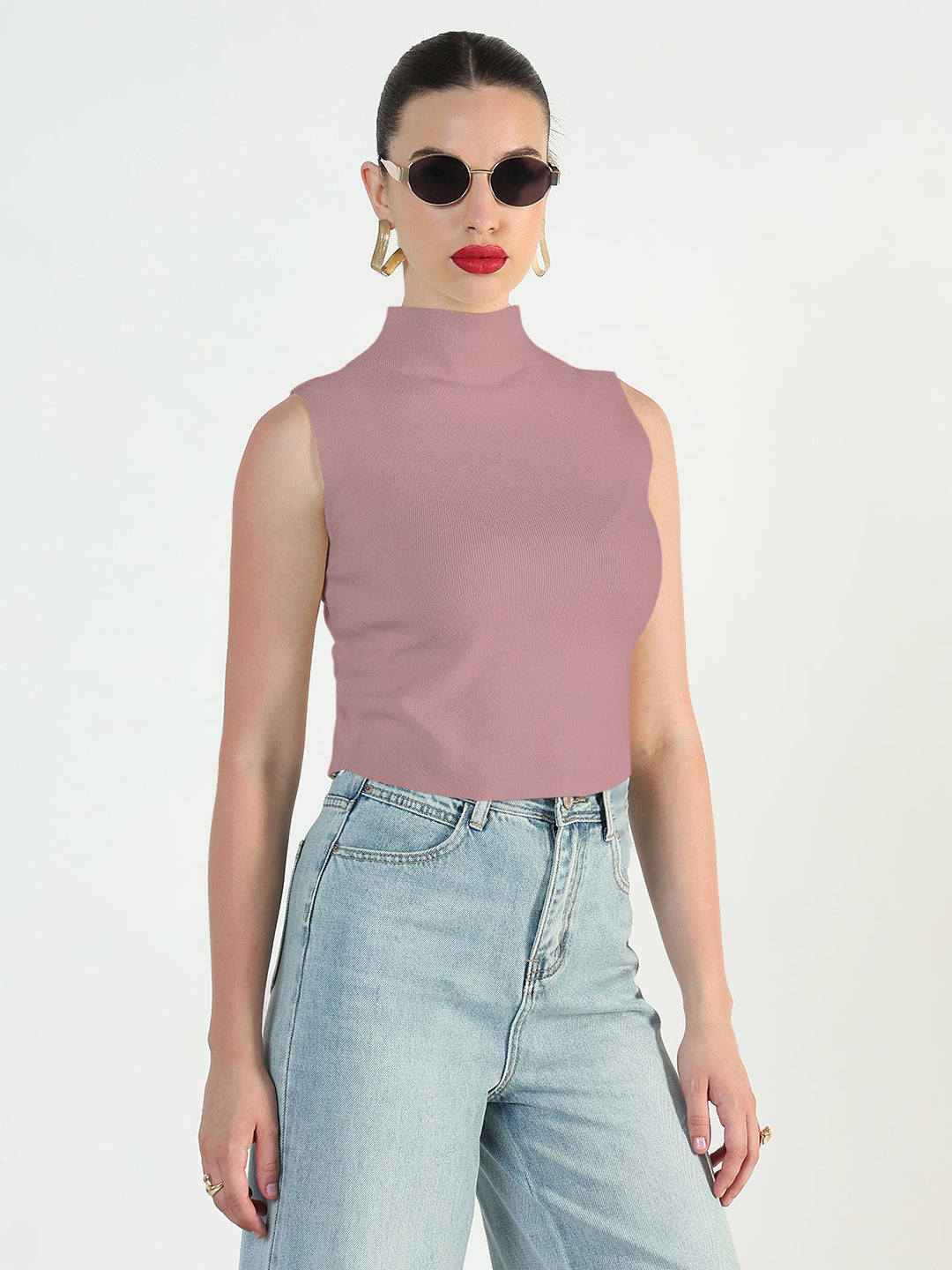 Women's Ribbed Purple High Neck Fitted Top