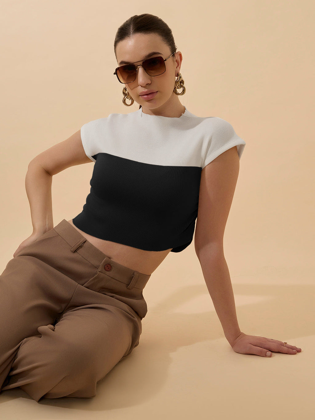 Women's Ribbed Black High Neck Ruched Crop Top